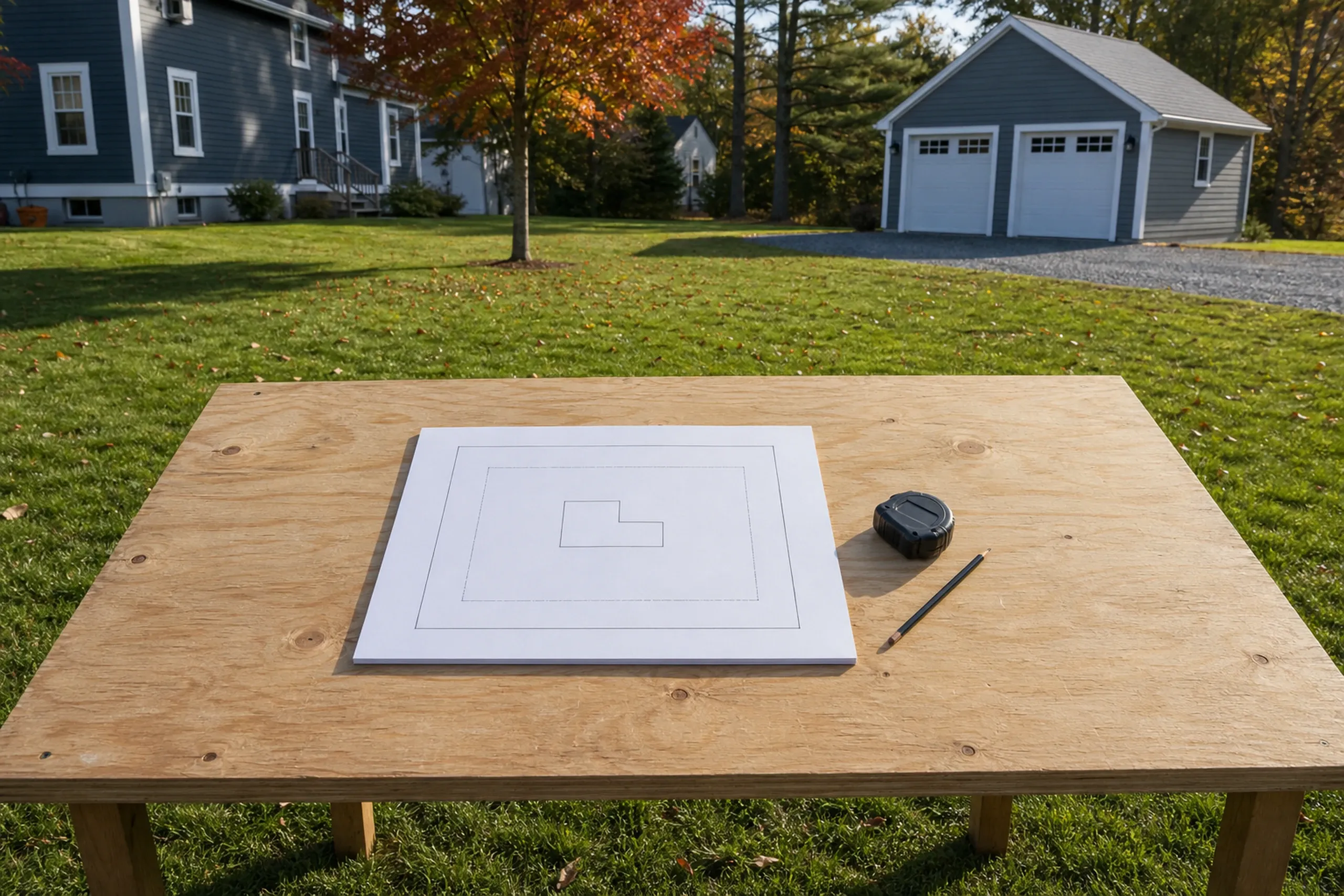 General contractor in South Portland: A plywood table on a lawn holds a white plan sheet, a tape measure and a pencil, with a gray house and a two-door garage behind