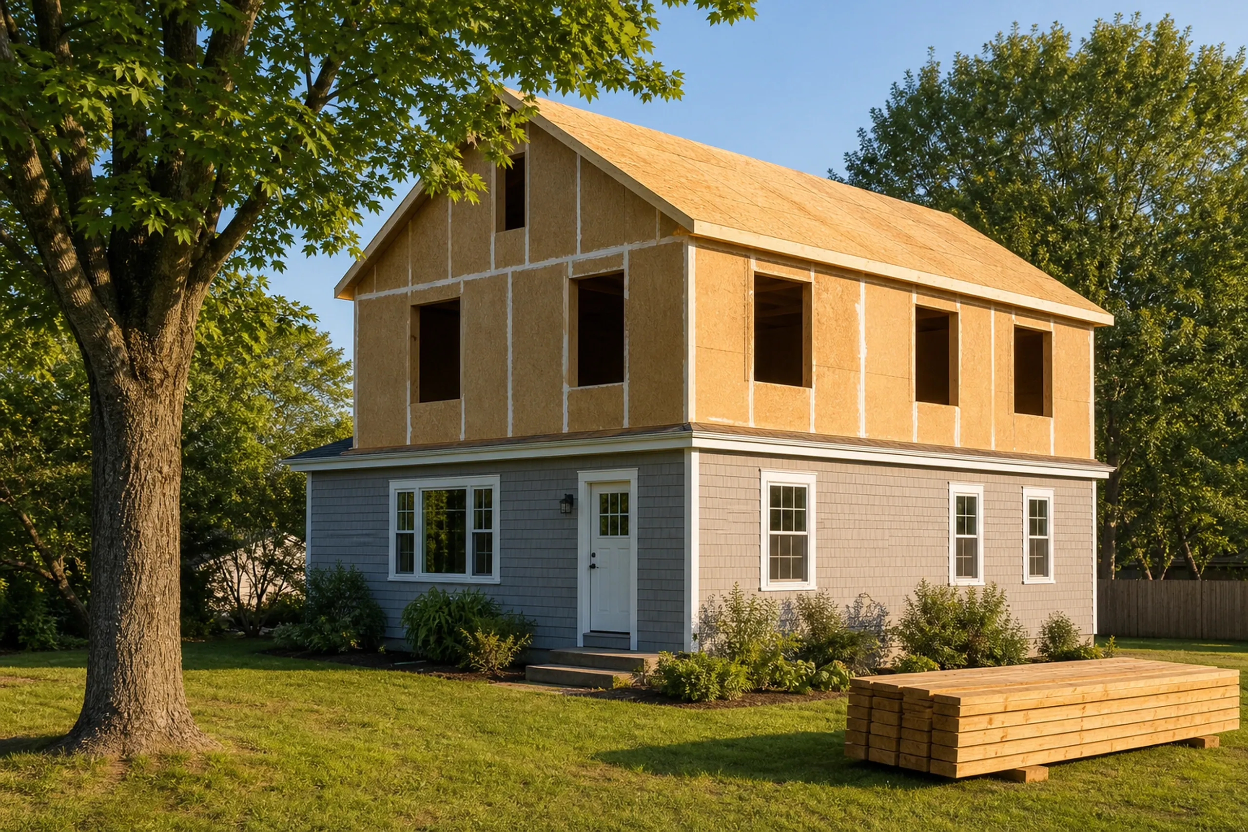 General contractor in South Portland: gray-shingled one-story house with a new second floor framed and sheathed on top, a maple shading the lawn and lumber stacked by it