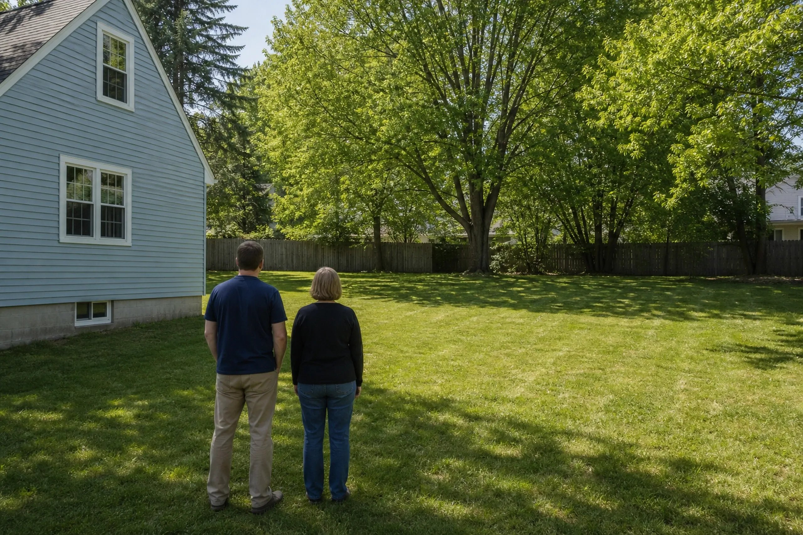 General contractor in South Portland first visit: A backyard lawn with two people seen from behind beside a blue-sided house, a wood fence and leafy green trees ahead of them