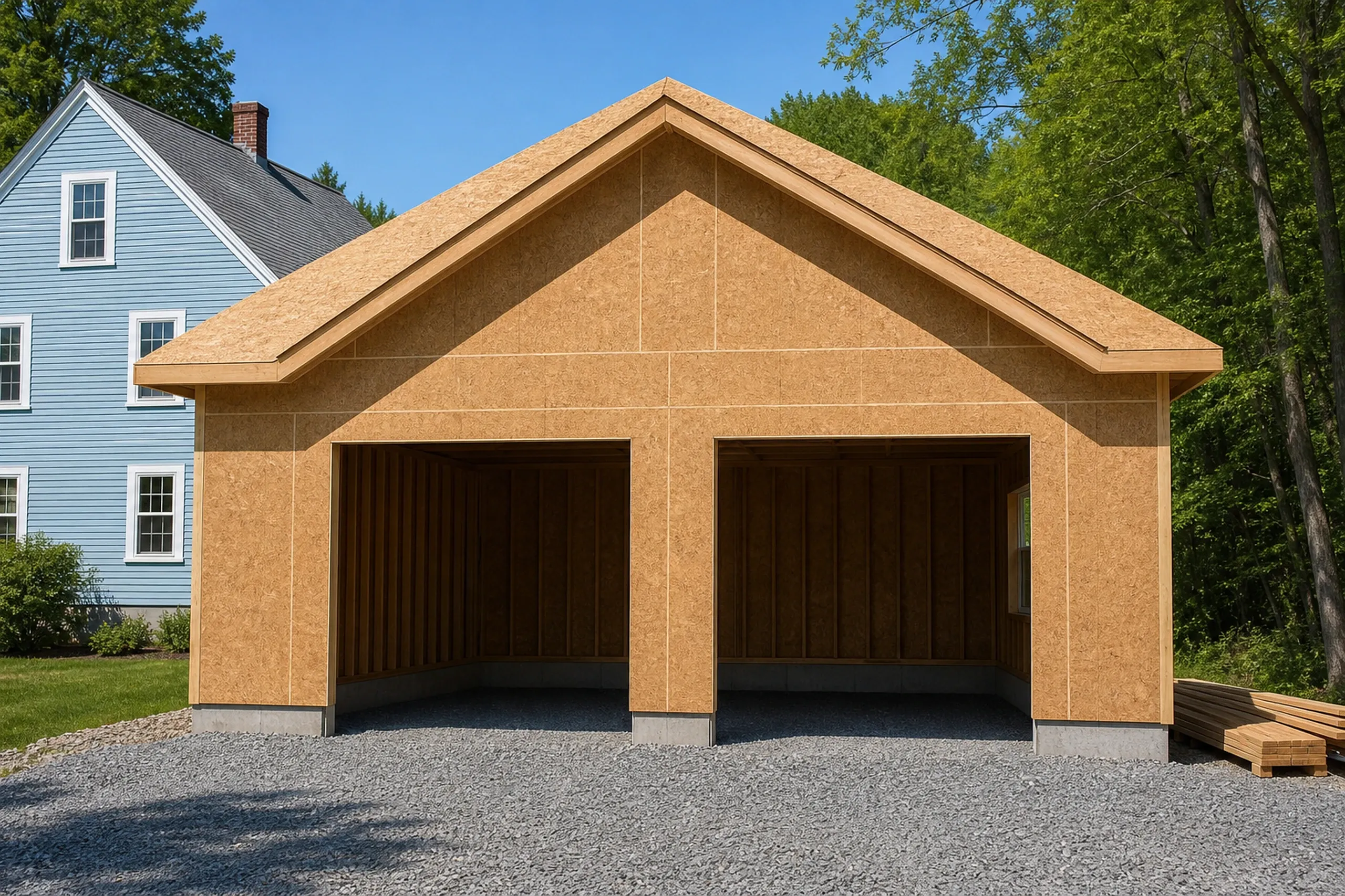 General contractor in South Portland: detached two-bay garage framed and sheathed on every wall and the roof, two empty door openings and fresh gravel, a blue house beside it