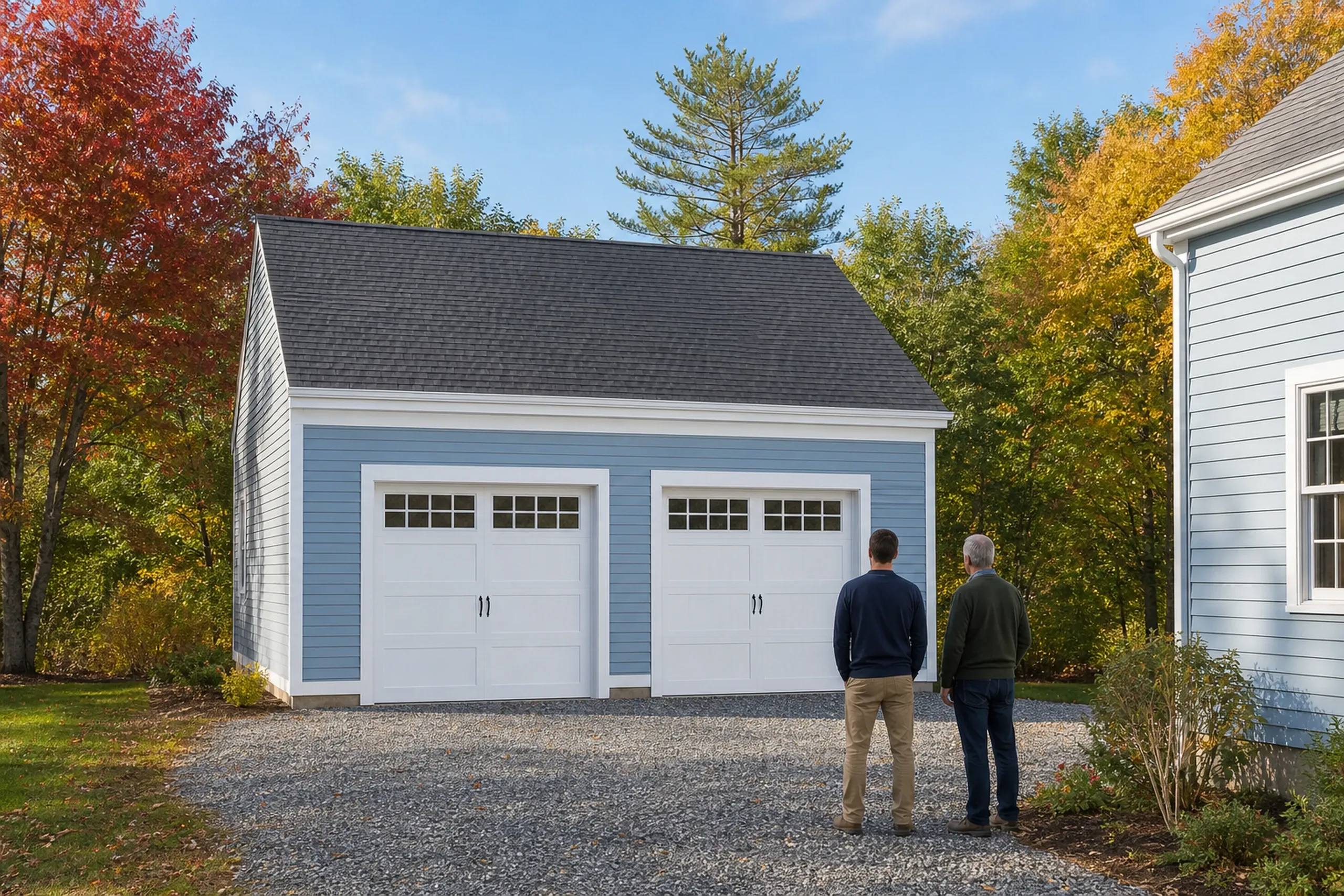 General contractor in South Portland: A finished two-bay garage with blue siding, white carriage-style doors and a dark roof, two men seen from behind on gravel, in autumn
