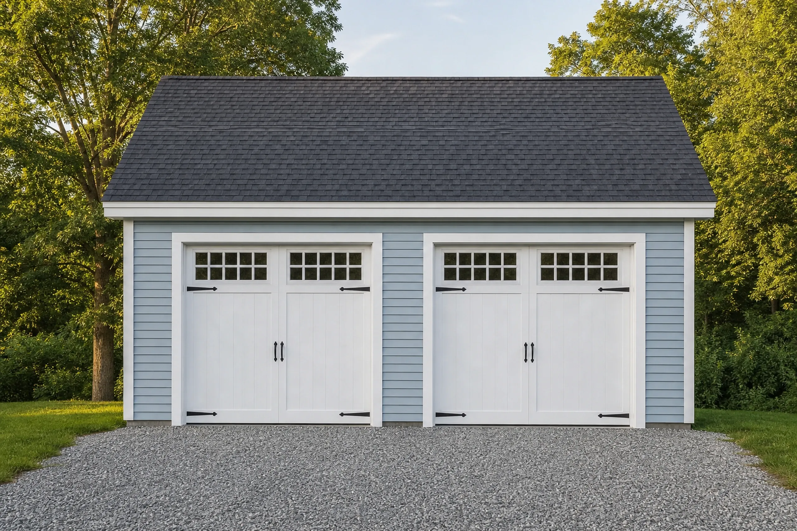 General contractor in South Portland: A gray-blue garage with two white carriage-style doors, black strap hinges and a dark shingle roof, gravel in front and trees behind