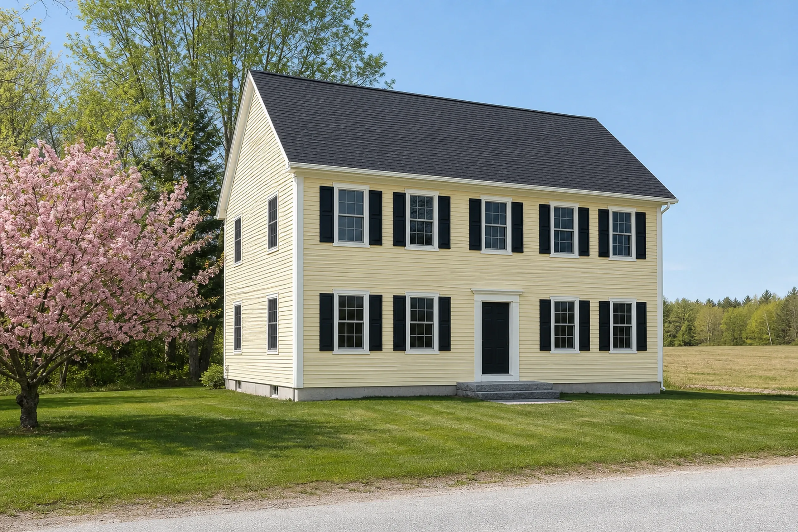 General contractor in Standish: A yellow two-story house with black shutters, a dark roof and a black door, a pink blossoming tree in spring and a field beyond
