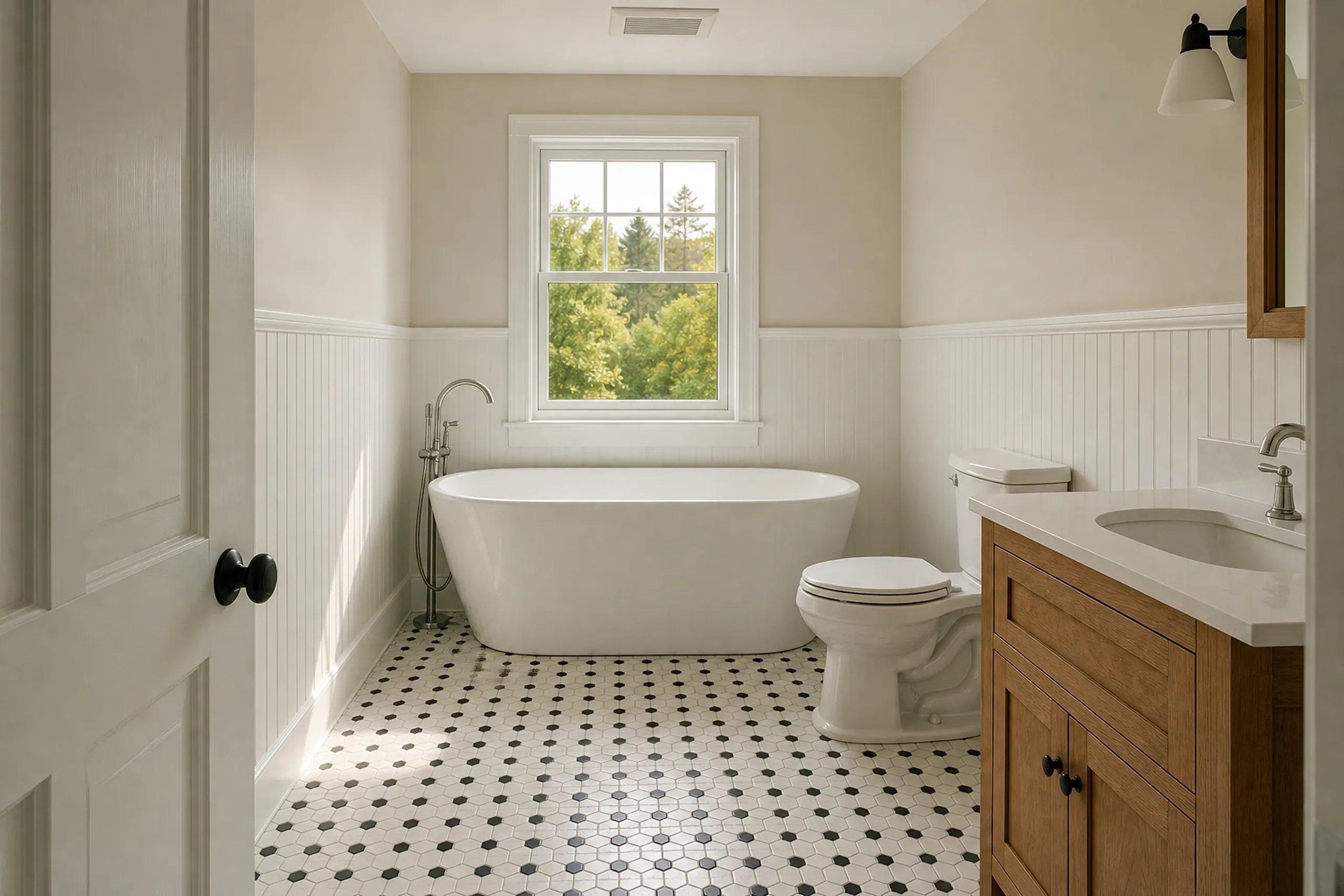 General contractor in Standish: A bathroom with a freestanding white tub, white wainscot, a black and white hex tile floor, a wood vanity and a window onto green trees