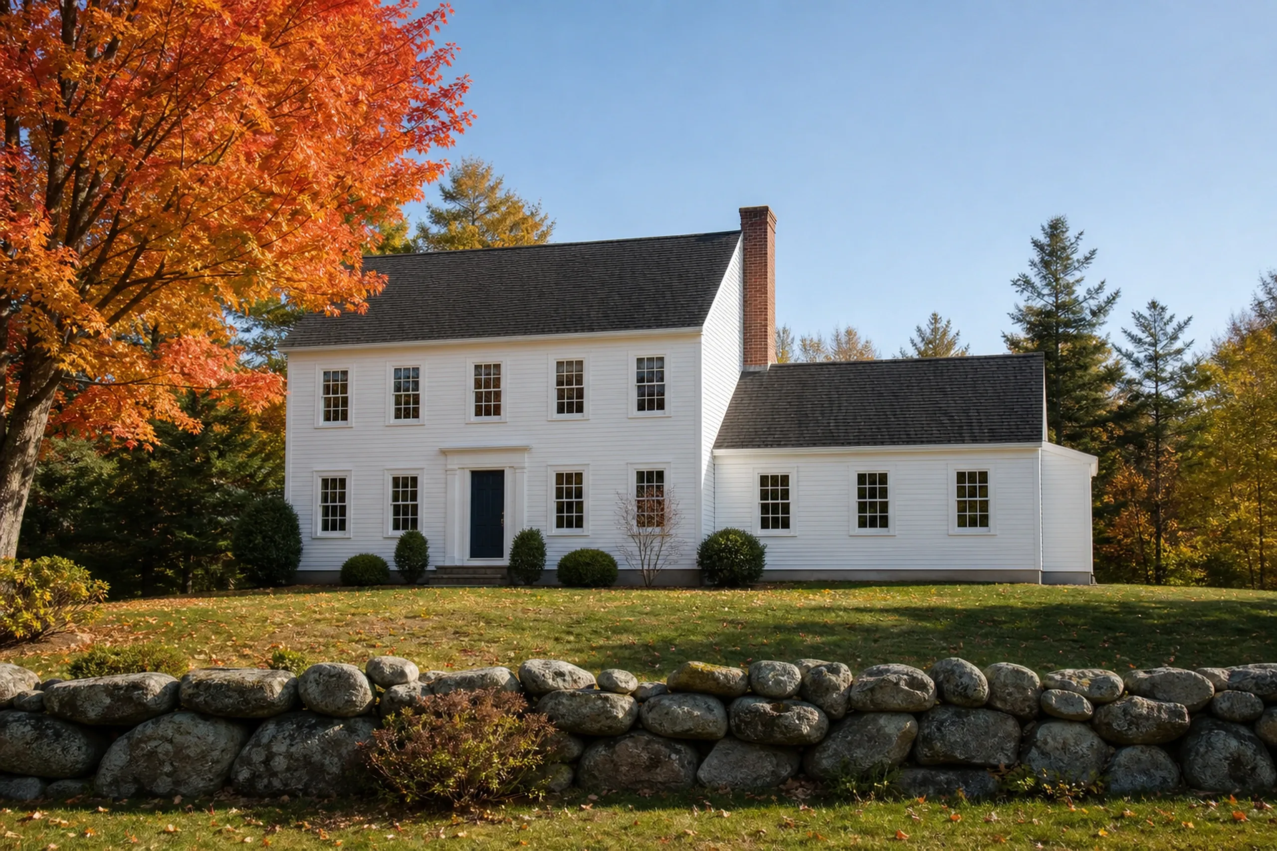 General contractor in Standish: A white two-story house with a lower side wing, a brick chimney and a dark roof behind a stone wall and a red-orange maple in autumn