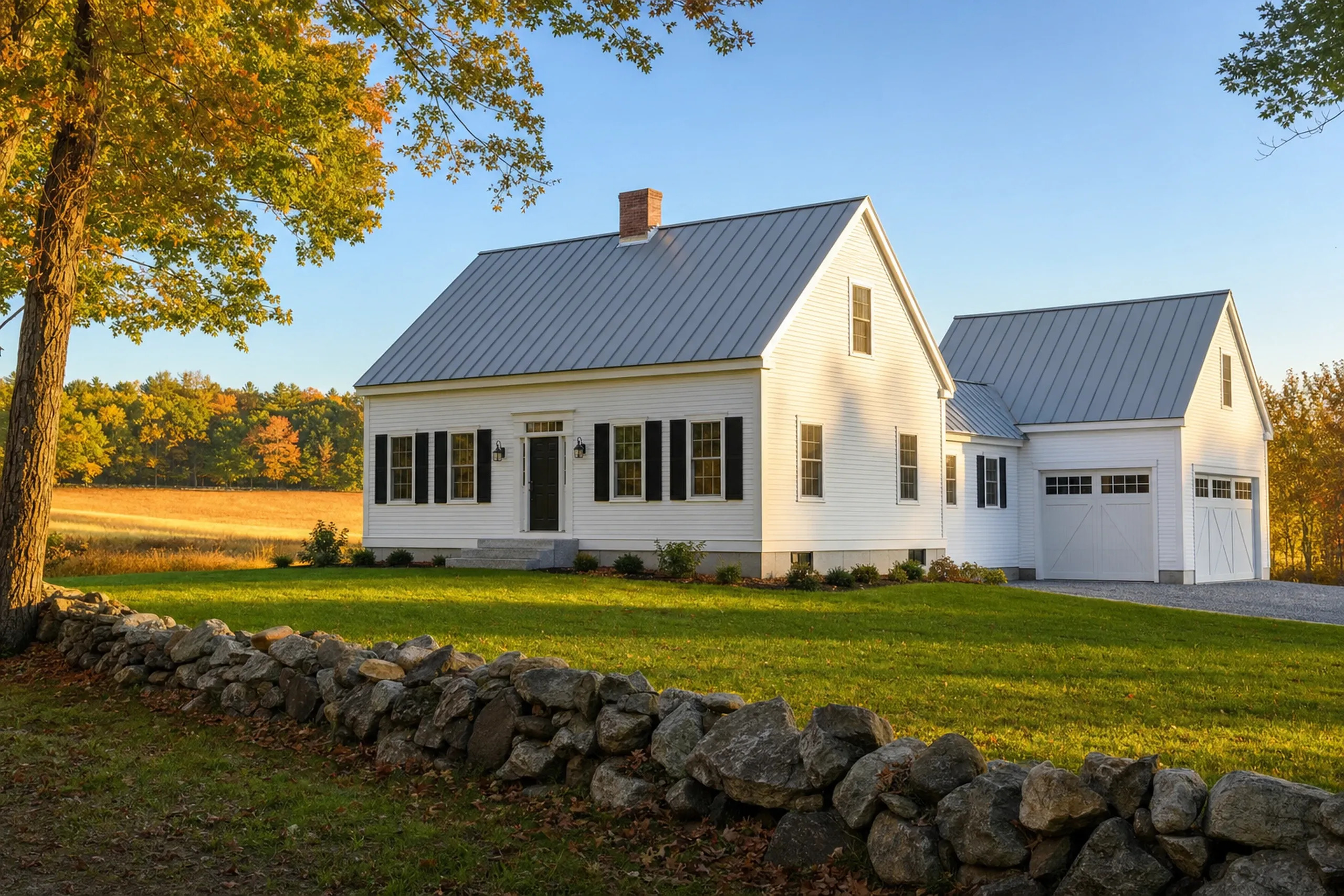 General contractor in Standish, ME: A white Cape-style house with black shutters and a gray metal roof, joined to a two-bay garage wing, behind a stone wall and a field