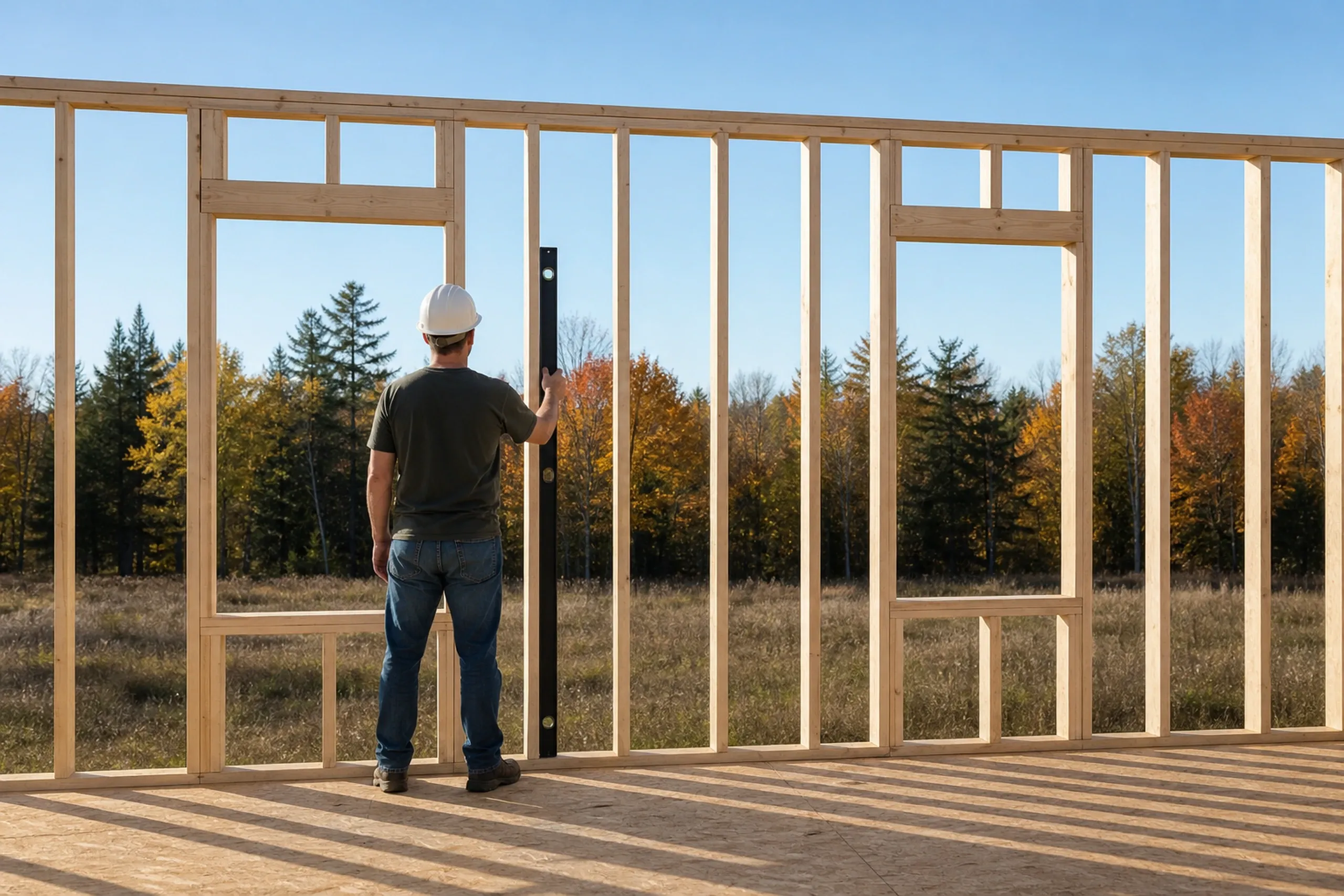 General contractor in Standish: worker in a hard hat seen from behind holding a long level to a stud of a newly framed wall, a field and tree line through the openings