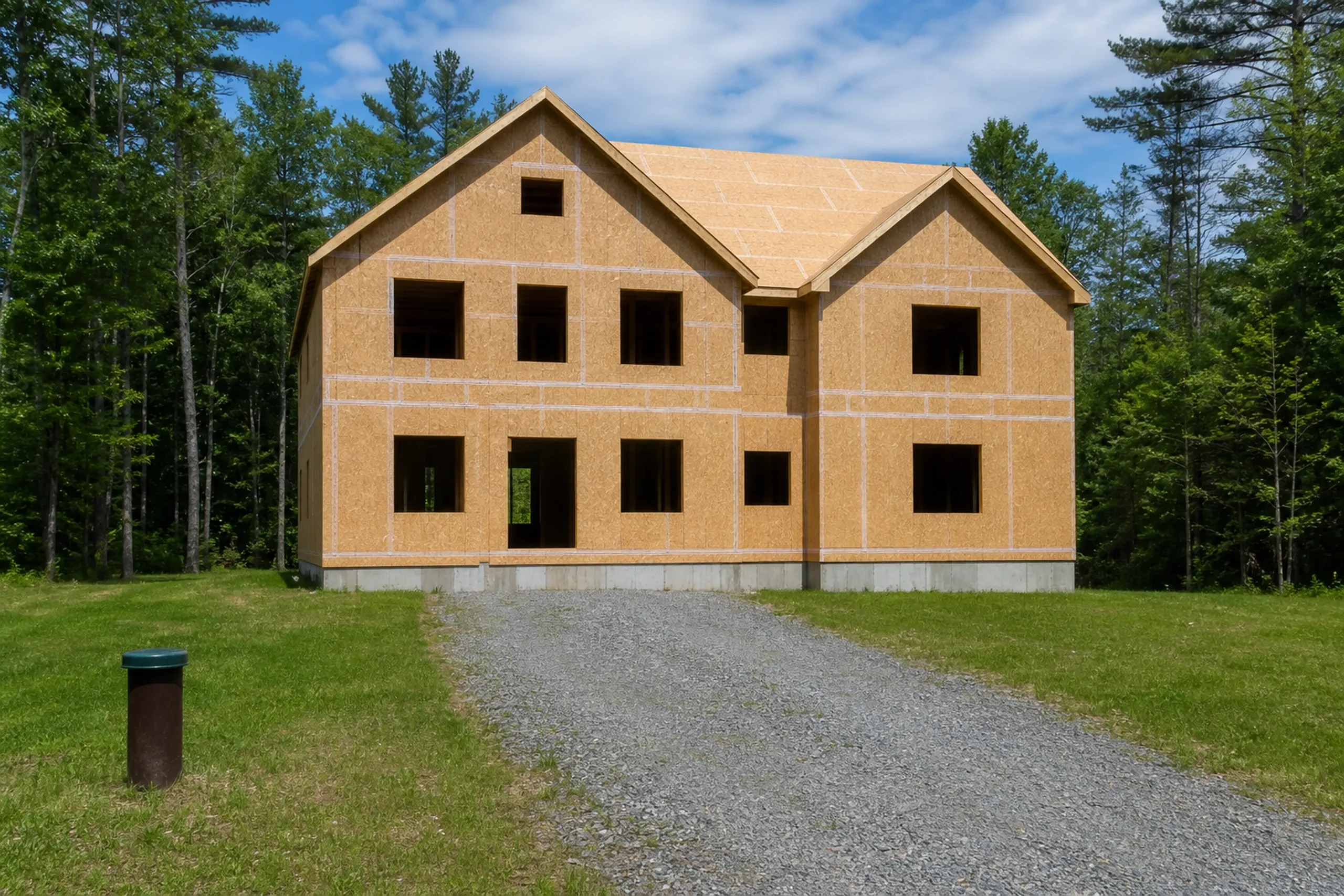 General contractor in Standish: A framed and sheathed house with two front gables, open window holes and a gravel drive leading to it, ringed by dense forest