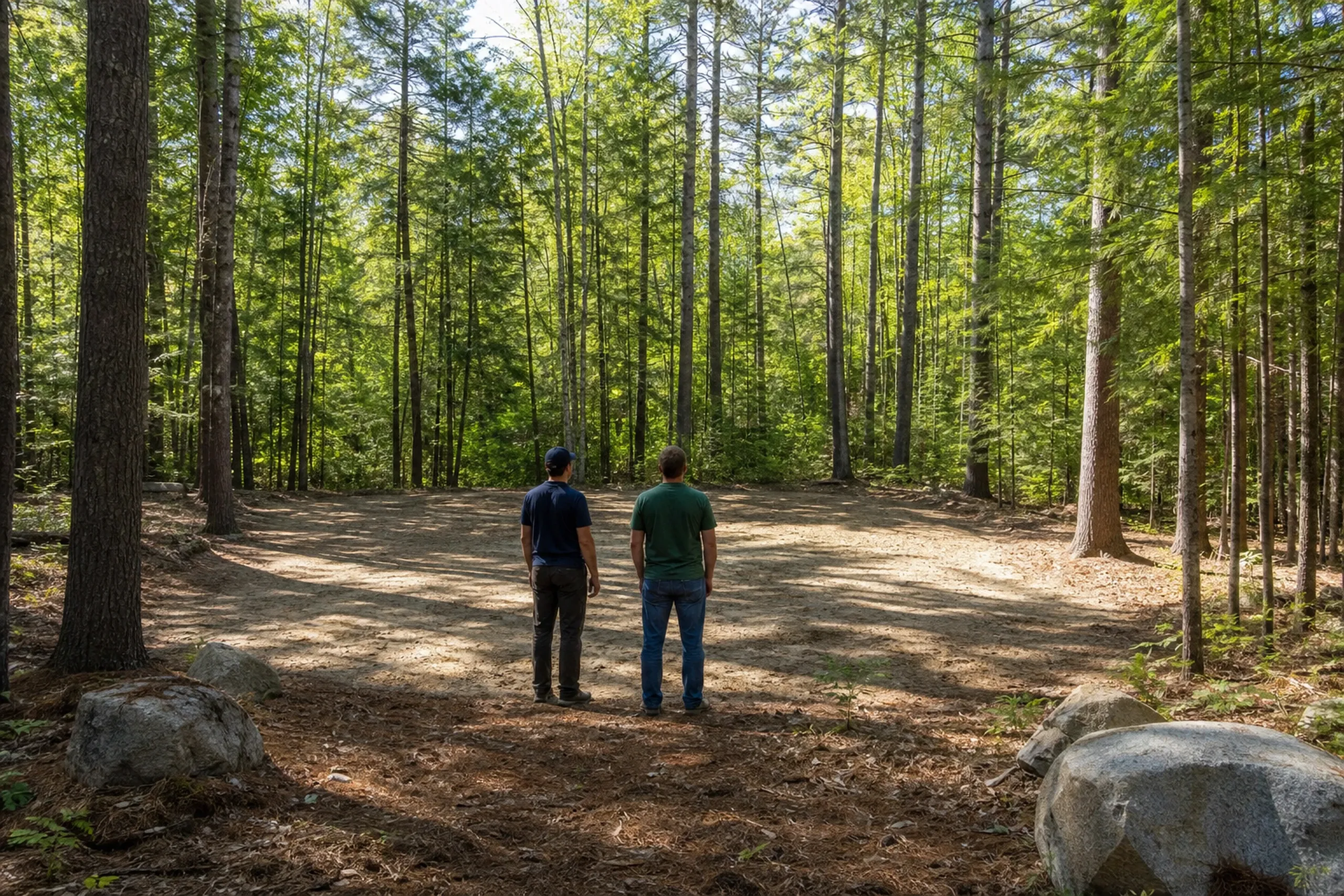 General contractor in Standish first visit: two men seen from behind, one in a ball cap, stand in a cleared patch of dirt and pine needles among tall trees and boulders