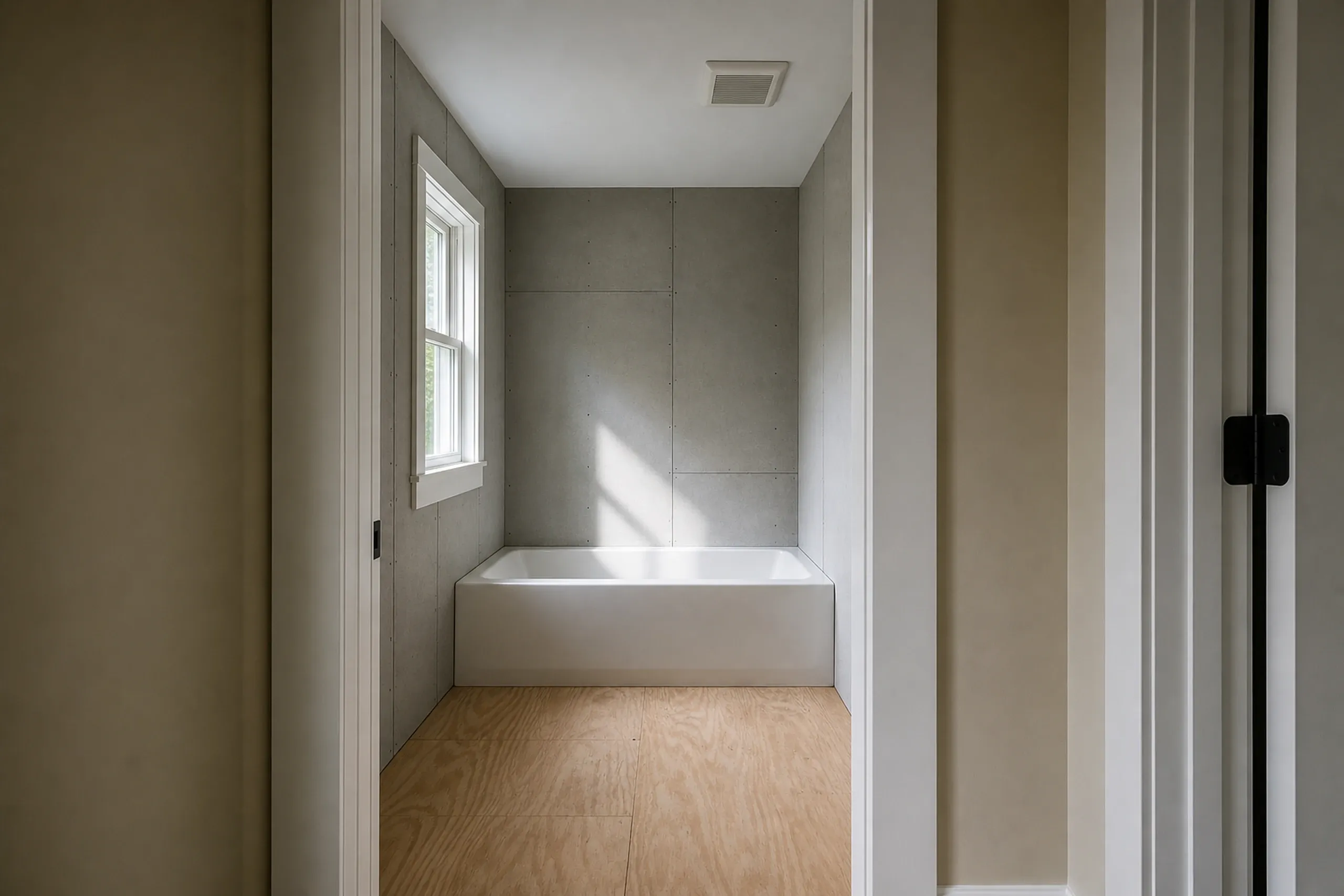 General contractor in Standish in progress: A bathroom seen through a doorway, with a white tub set in, gray panel walls, a bare plywood floor and a double-hung window