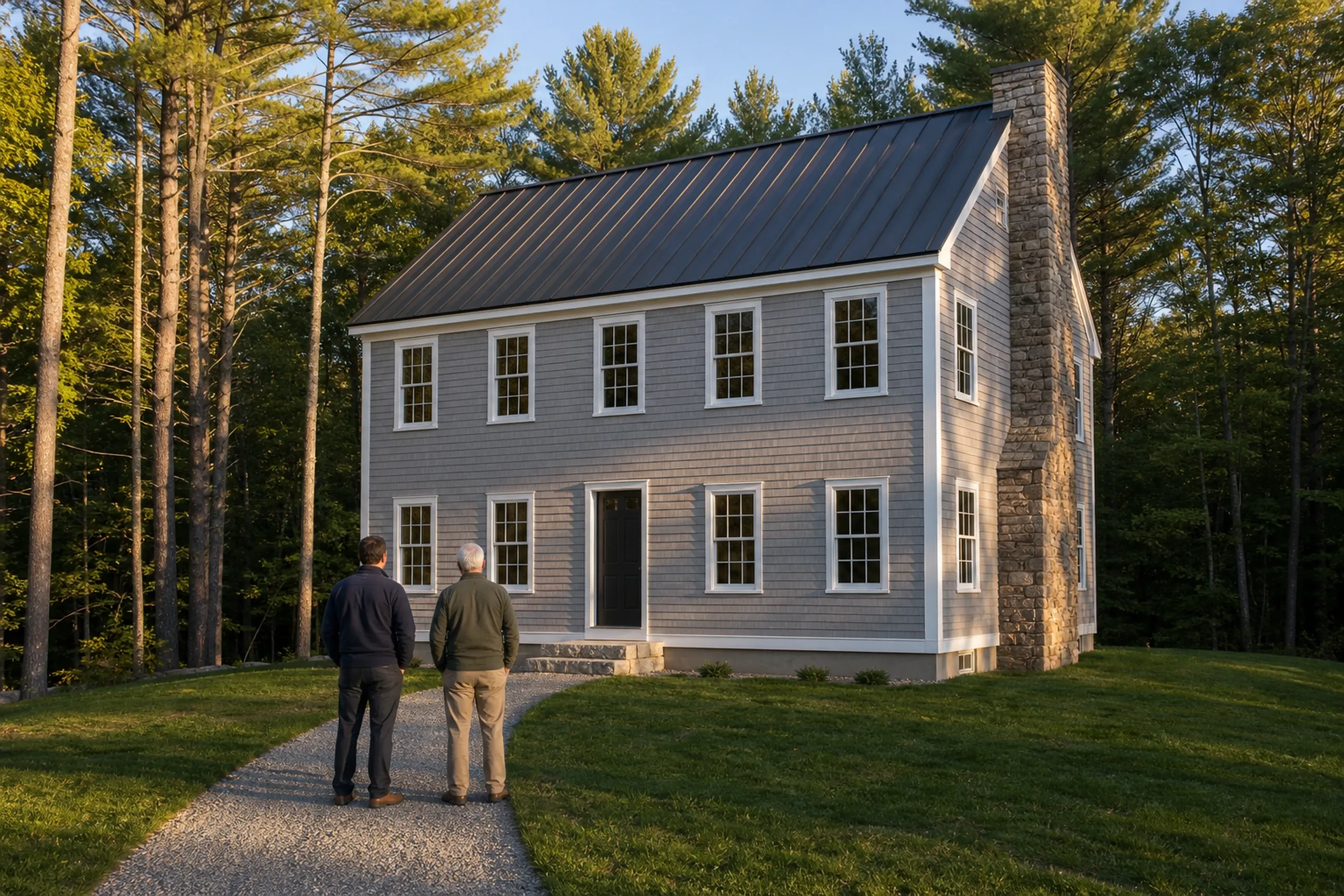 General contractor in Standish final walkthrough: A gray-sided two-story house with a dark metal roof and a tall stone chimney, two men seen from behind on a gravel path