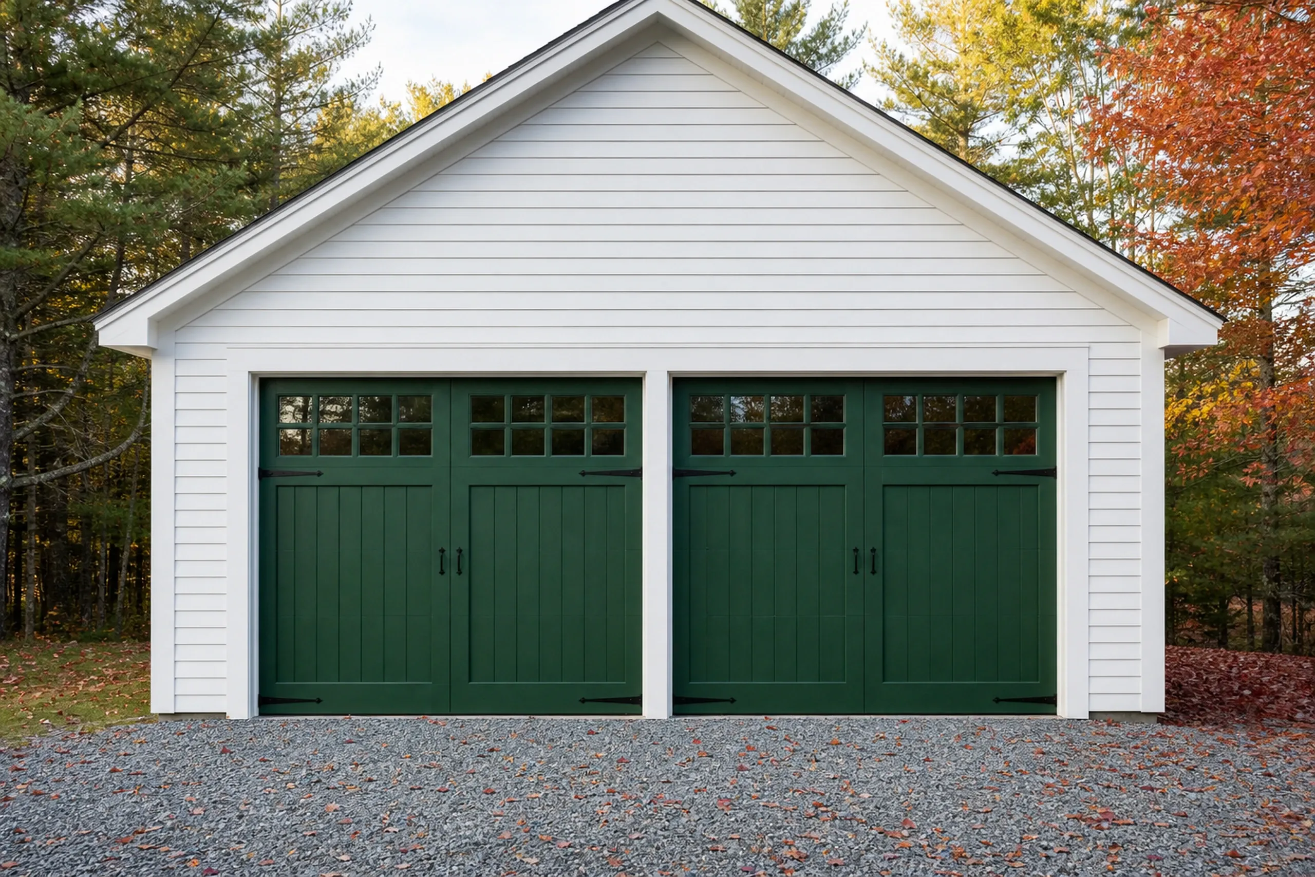 General contractor in Standish: A white garage front with two green carriage-style doors and black hinge straps, on gravel scattered with fallen leaves, in autumn