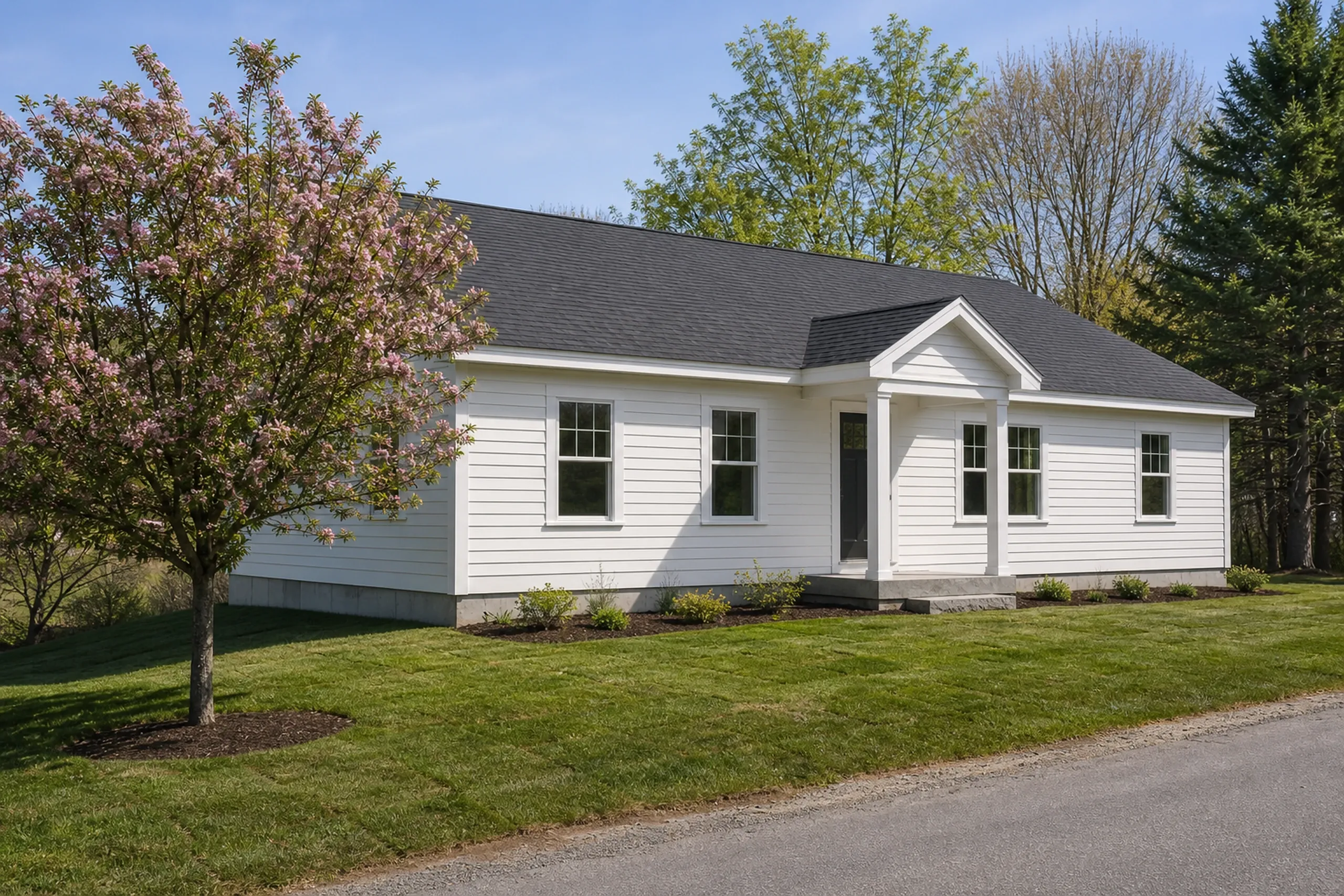 General contractor in Westbrook: A white one-story house with a dark roof and a small gabled entry porch, a pink blossoming tree in spring and a lawn by the road