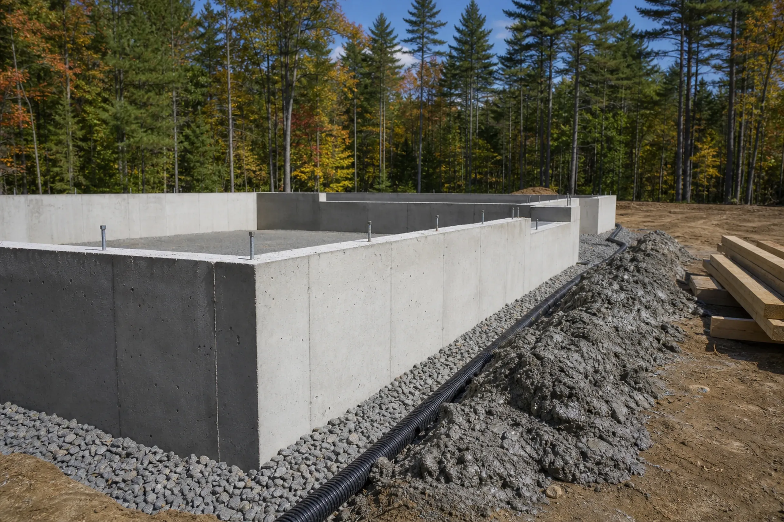 General contractor in Westbrook: poured concrete foundation walls with anchor bolts along the top, black drain pipe set in gravel beside them and stacked lumber at right