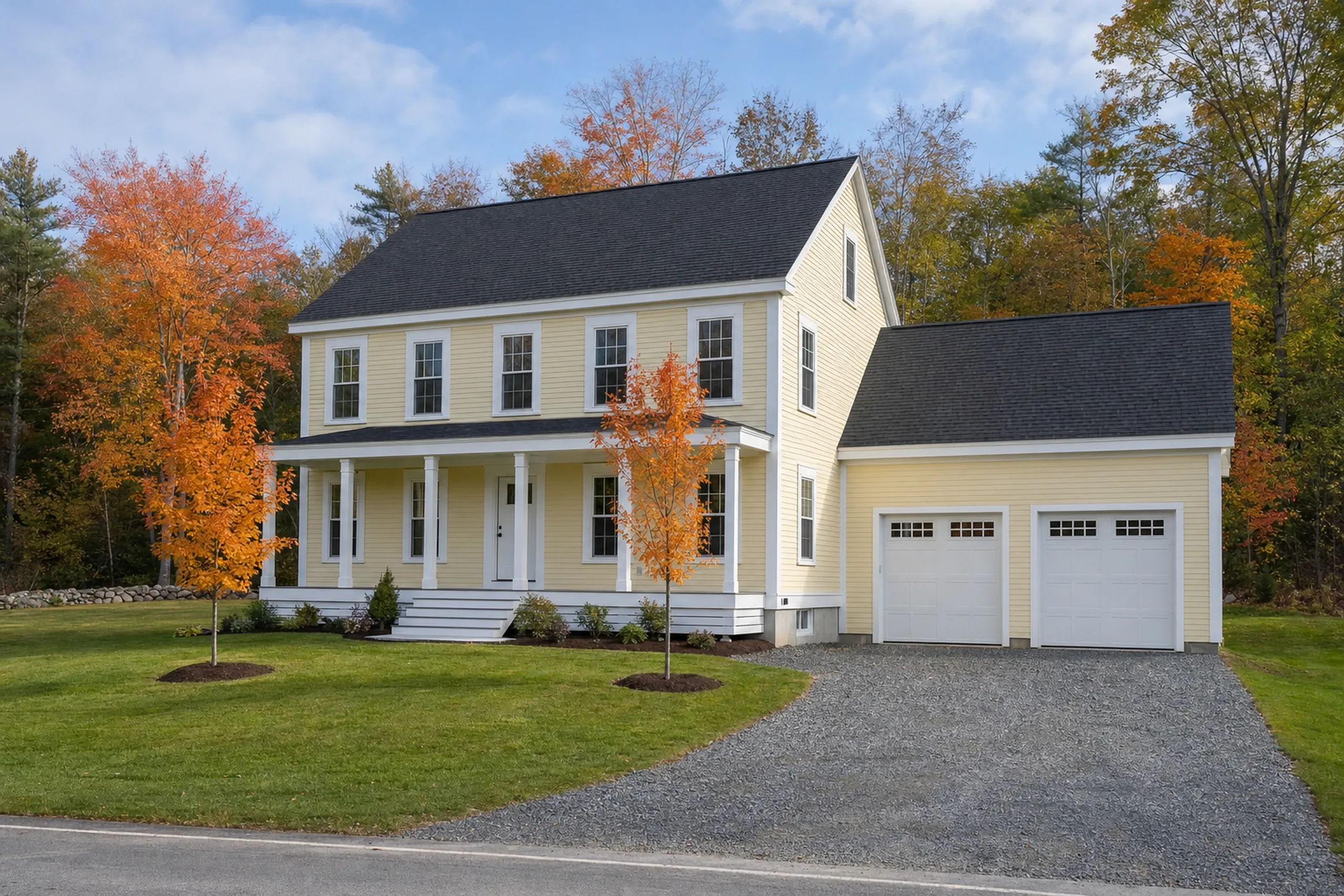 General contractor in Westbrook, ME: A yellow two-story house with a columned front porch, an attached two-door garage and a gravel drive among orange autumn trees