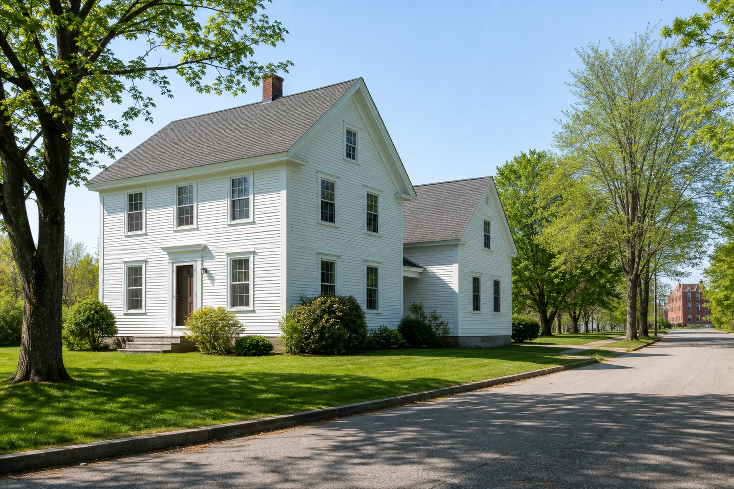 General contractor in Westbrook: A white two-story house with a lower side wing and a brick chimney on a street lined with leafy trees, a red brick building far off