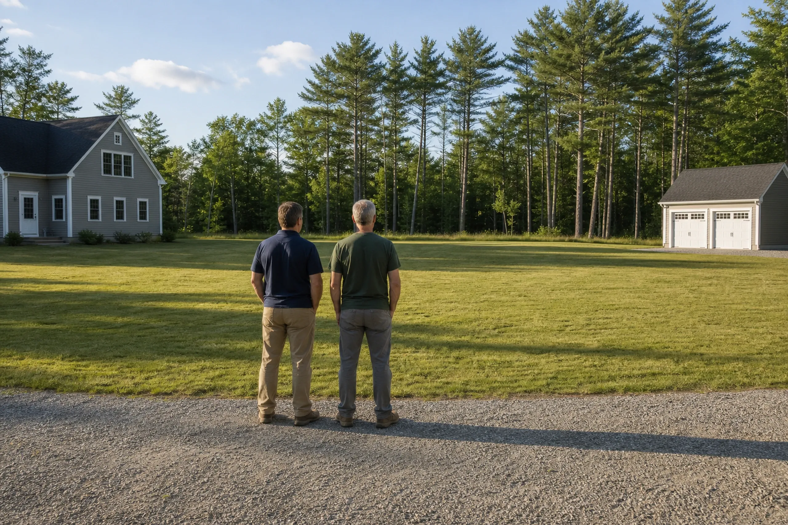 General contractor in Westbrook first visit: A mown lawn ringed by tall pines, a gray house at left and a two-door garage at right, with two men seen from behind in front