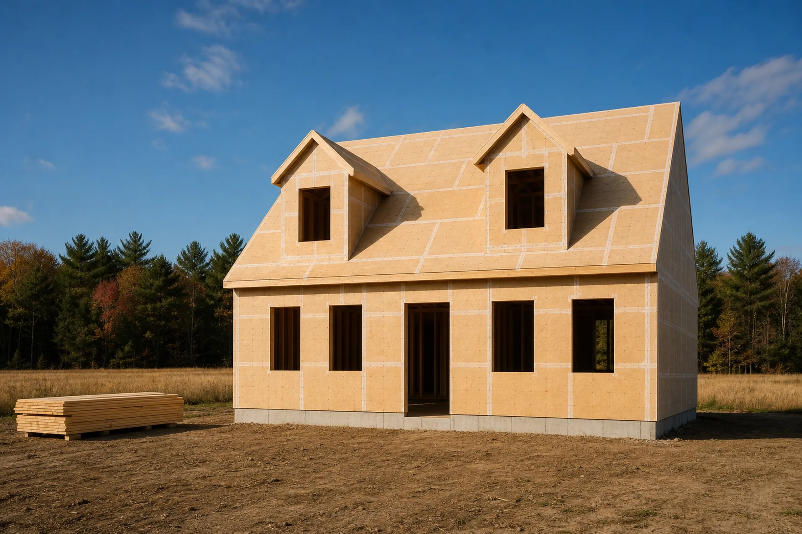 General contractor in Westbrook in progress: A Cape-shaped house with two dormers wrapped in tan sheathing, open window holes, a lumber stack at left and bare dirt around it