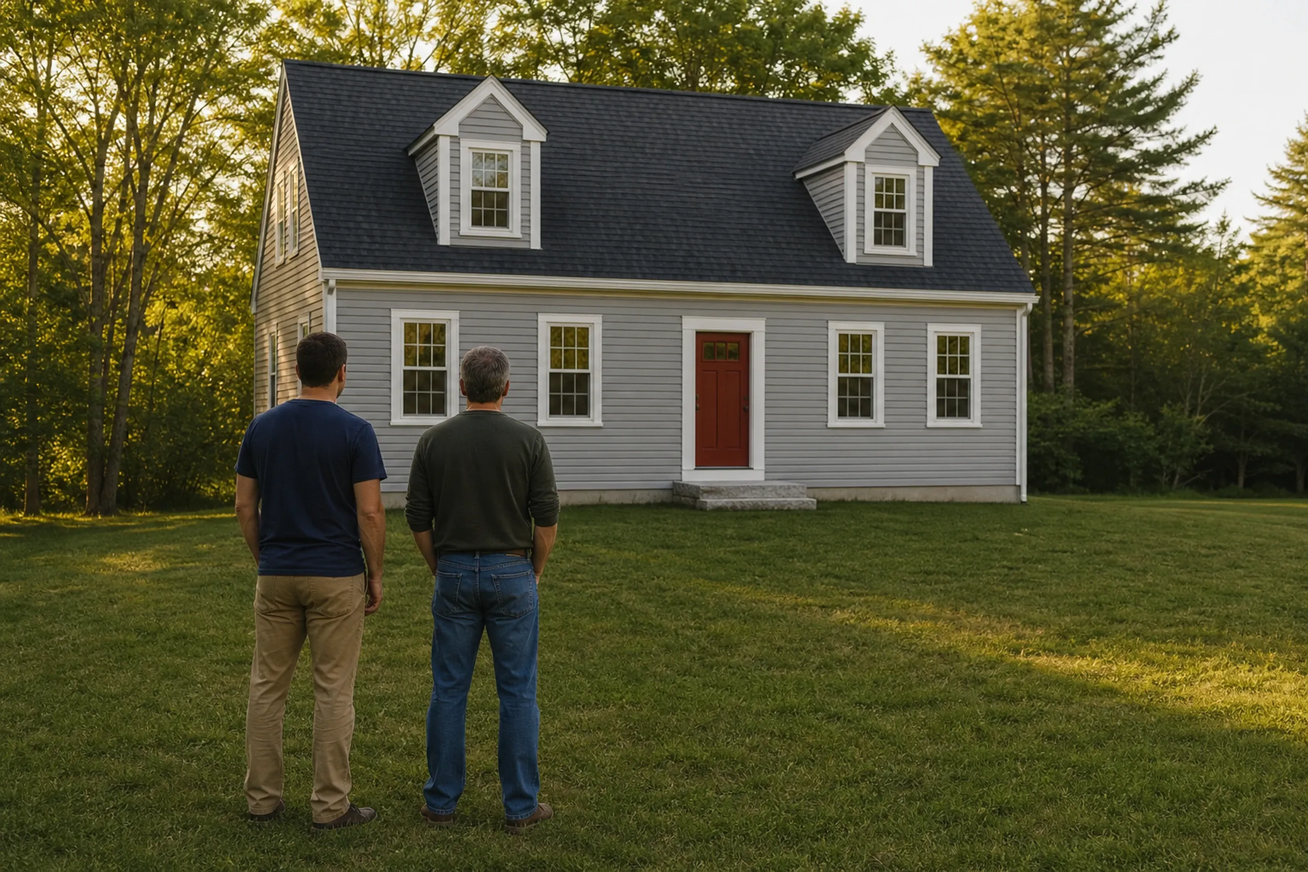General contractor in Westbrook final walkthrough: A gray Cape-style house with two dormers, white trim and a red front door, with two men seen from behind on the lawn