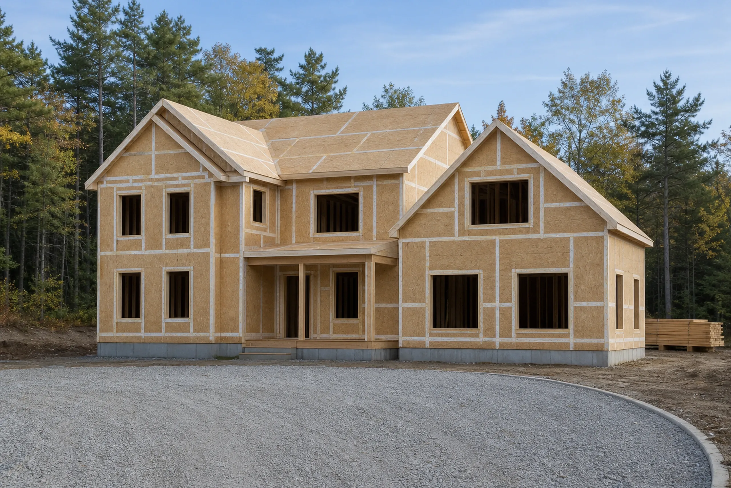 General contractor in Westbrook: A two-story house with a front gable, a covered entry and open window holes, sheathed in tan panels beside a curved gravel drive