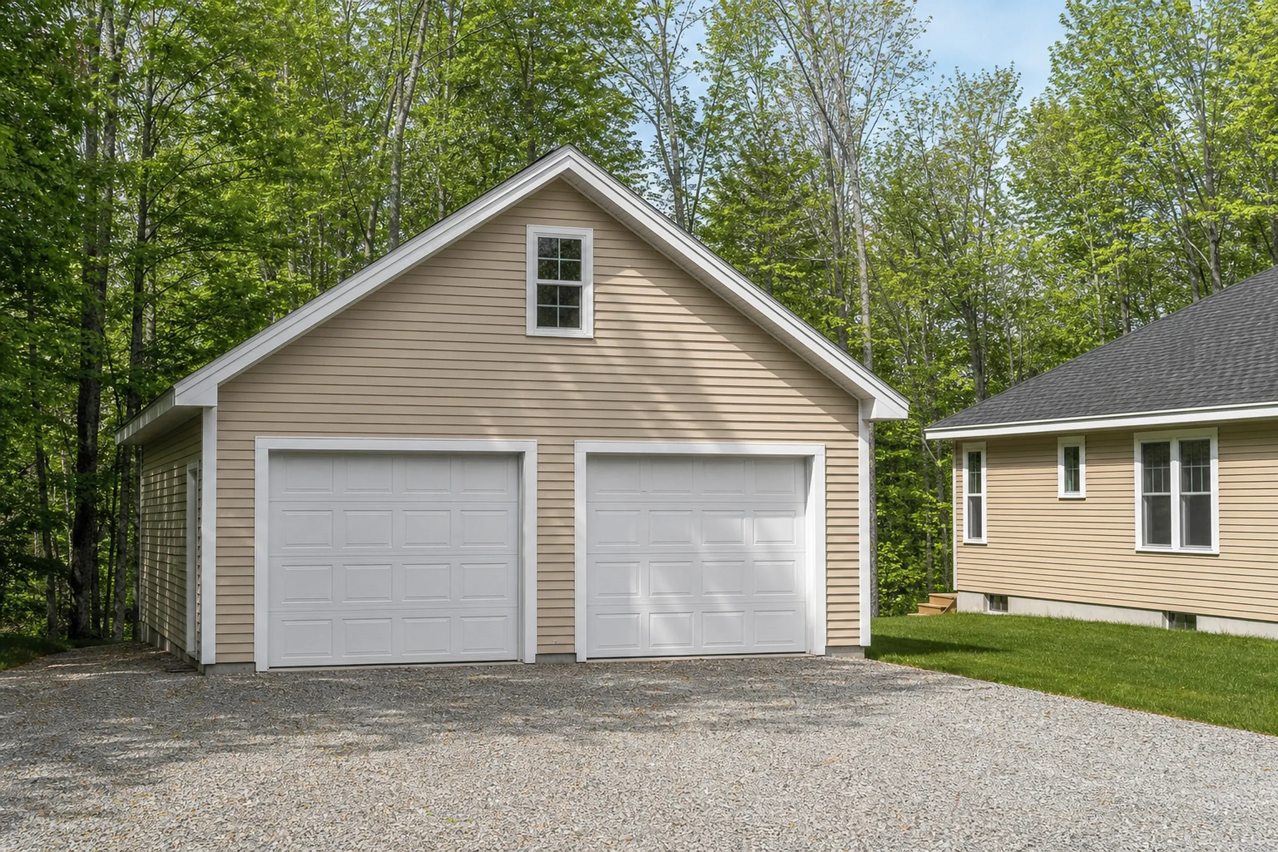 General contractor in Westbrook: A tan-sided garage with two white paneled doors and a gable window, gravel in front, a tan house at right and leafy trees behind