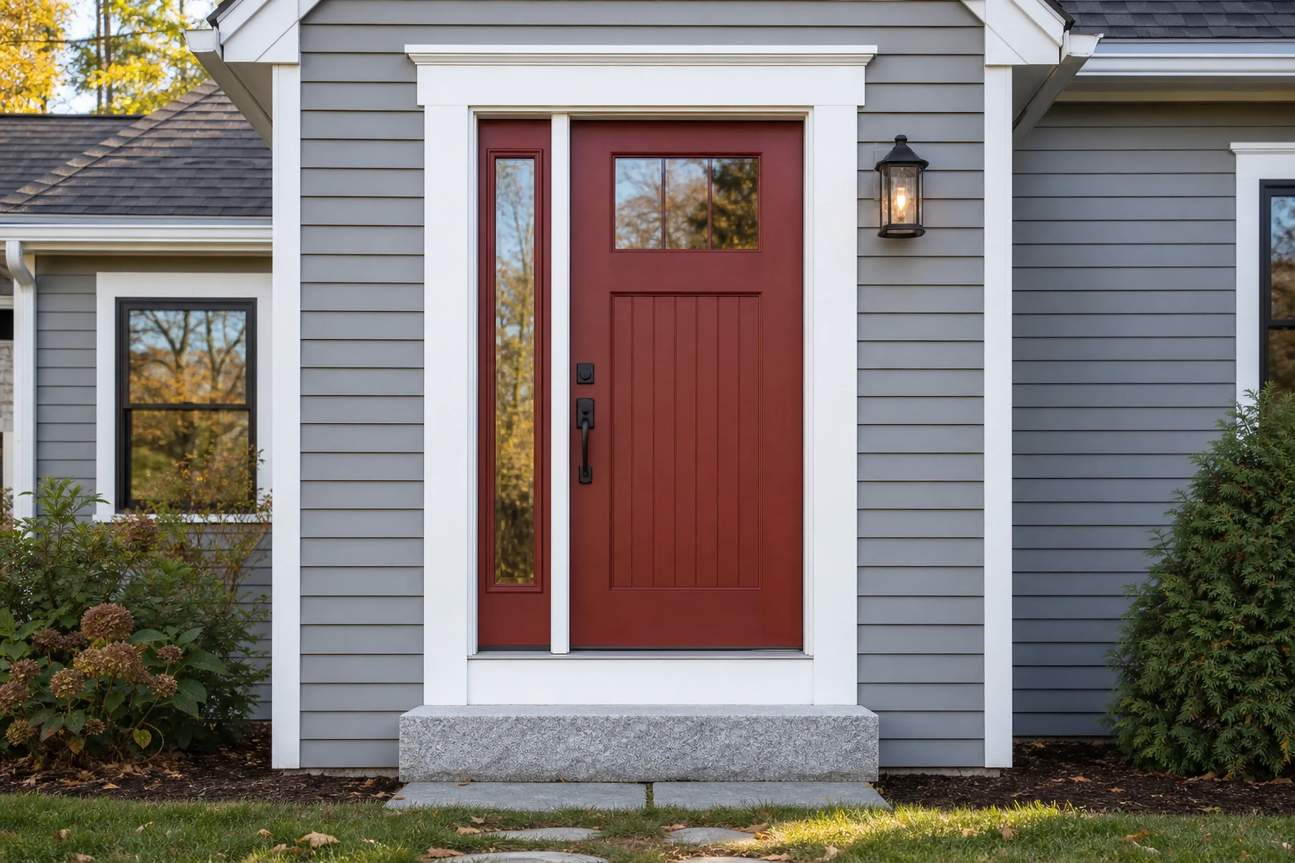 General contractor in Westbrook: A red front door with a tall side window, white trim, a black lantern and a granite step, set in gray clapboard siding