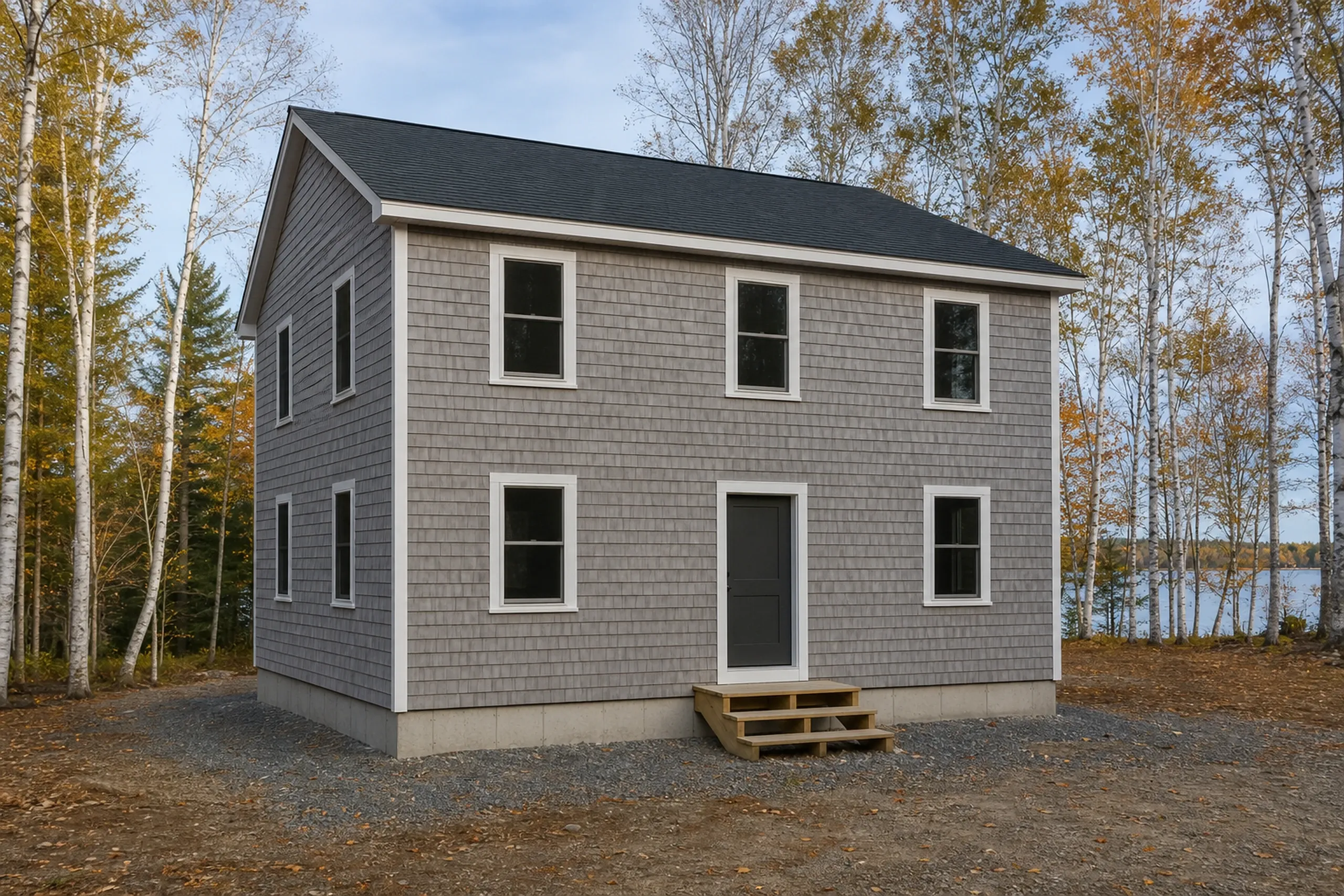 General contractor in Windham: A gray shingle-sided two-story house with white trim, a dark roof and a small wooden step at the door, among birches beside a lake