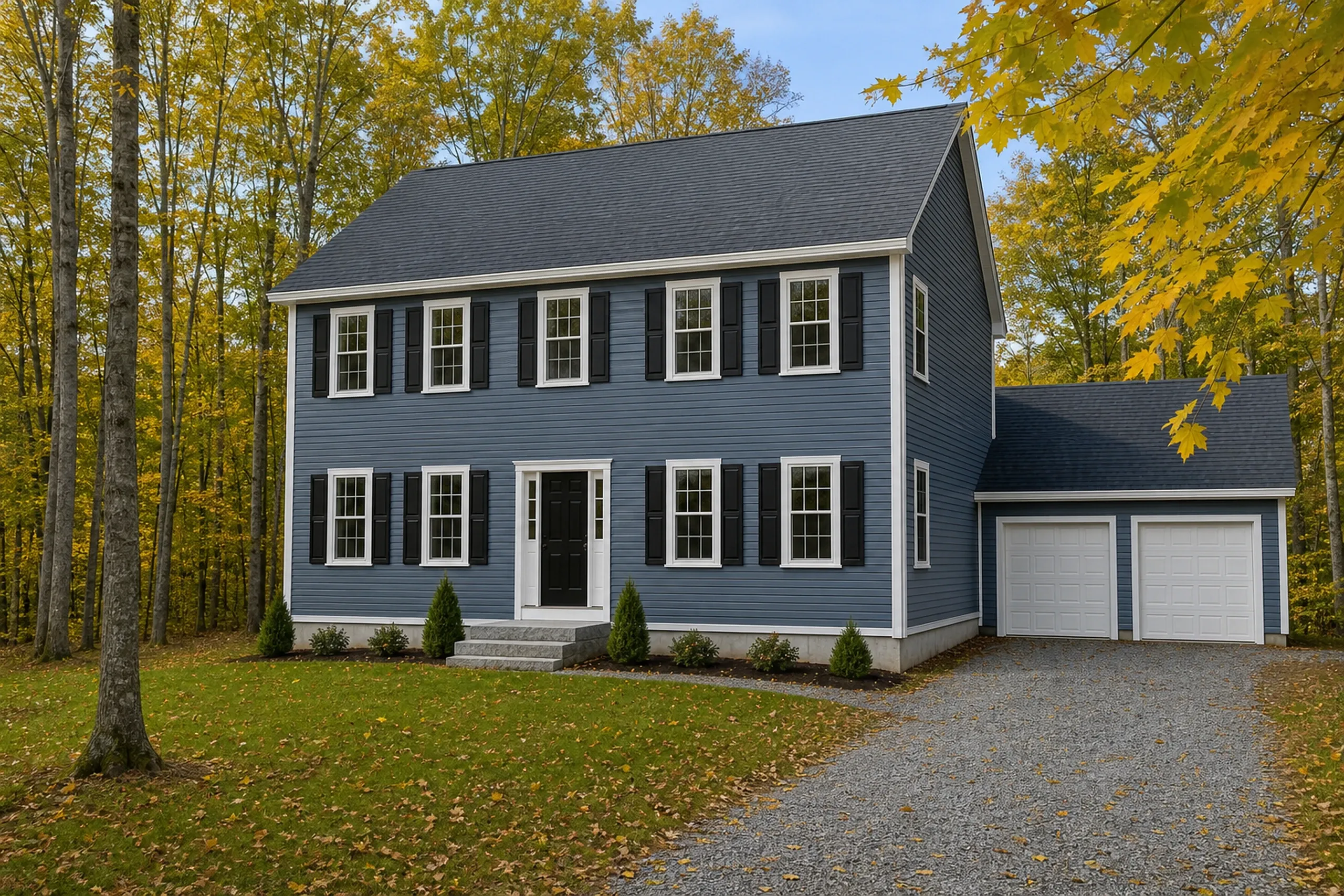 General contractor in Windham: A navy blue two-story house with black shutters, white trim, an attached two-door garage and a gravel drive, among yellow autumn leaves