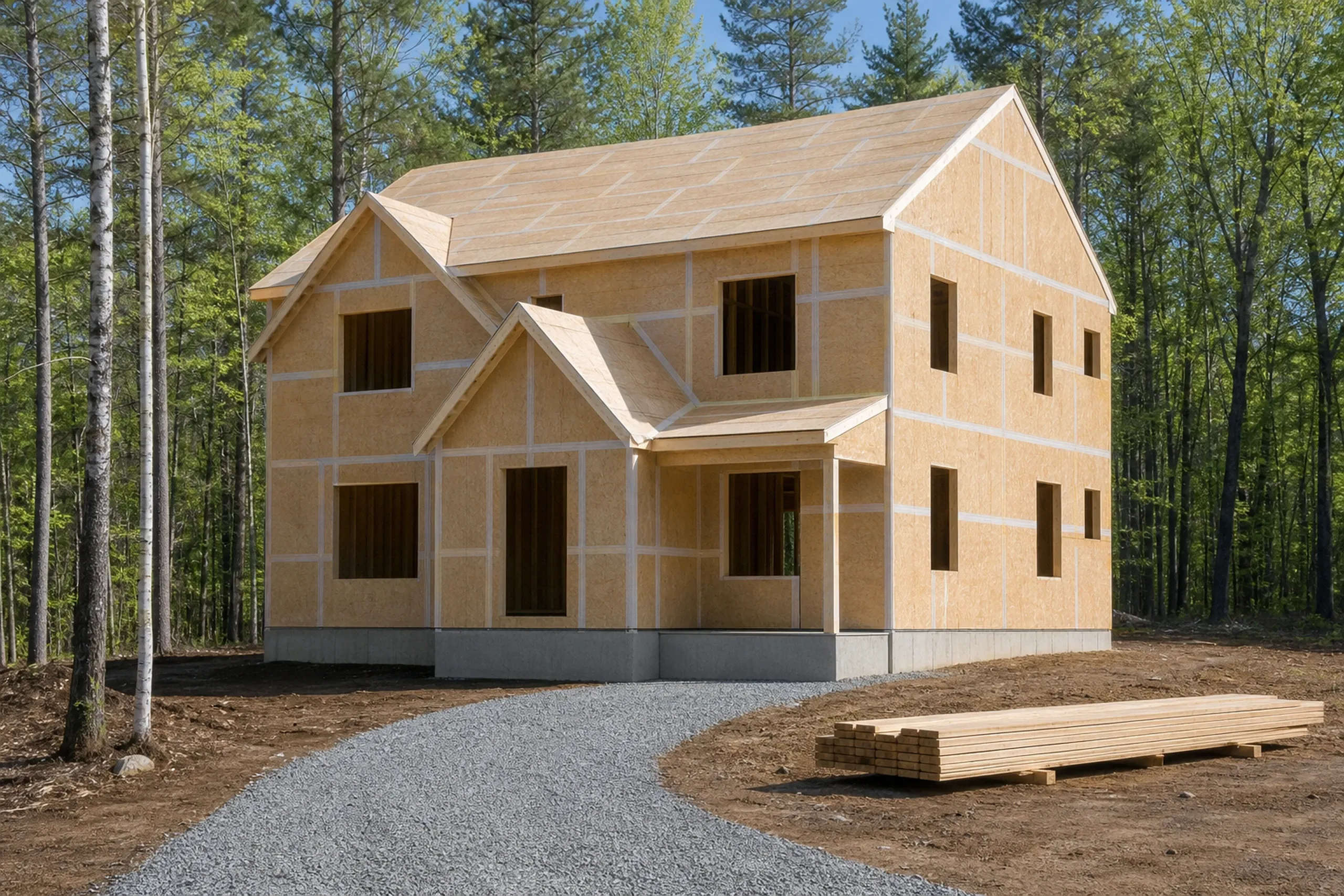 General contractor in Windham: tan sheathing covers a two-story house with a small entry roof and open window holes, a gravel drive curving past a stack of lumber