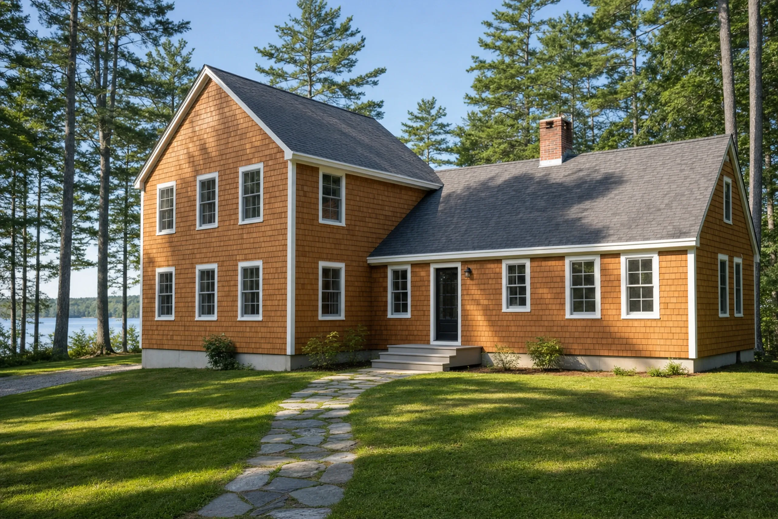 General contractor in Windham, ME: A house with orange-brown shingle siding, white trim, a gray roof and a brick chimney, a stone path and tall pines with water beyond