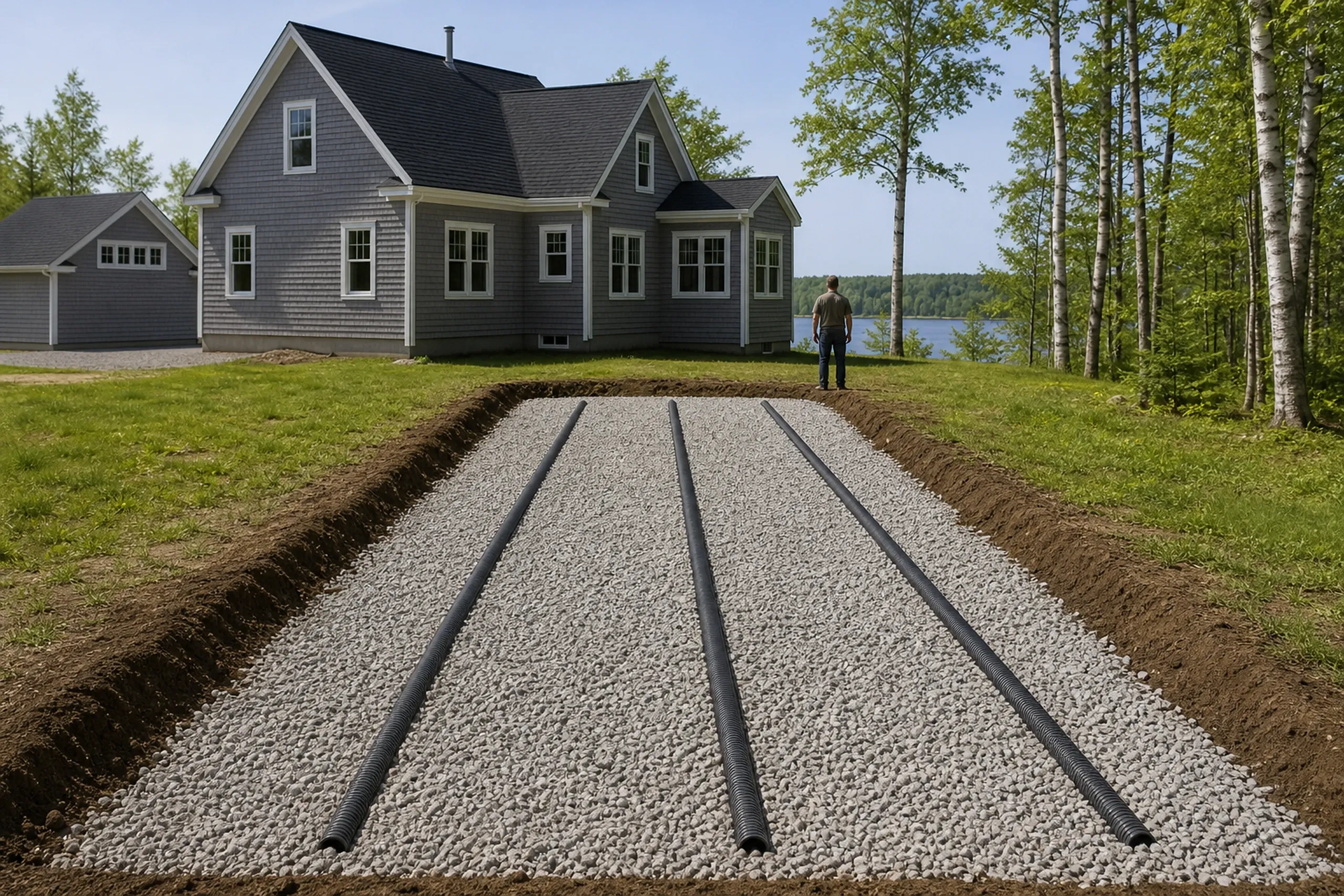 General contractor in Windham: three black corrugated pipes lie in a rectangle of pale gravel dug into a lawn, a man standing beyond it by a gray house and a lake
