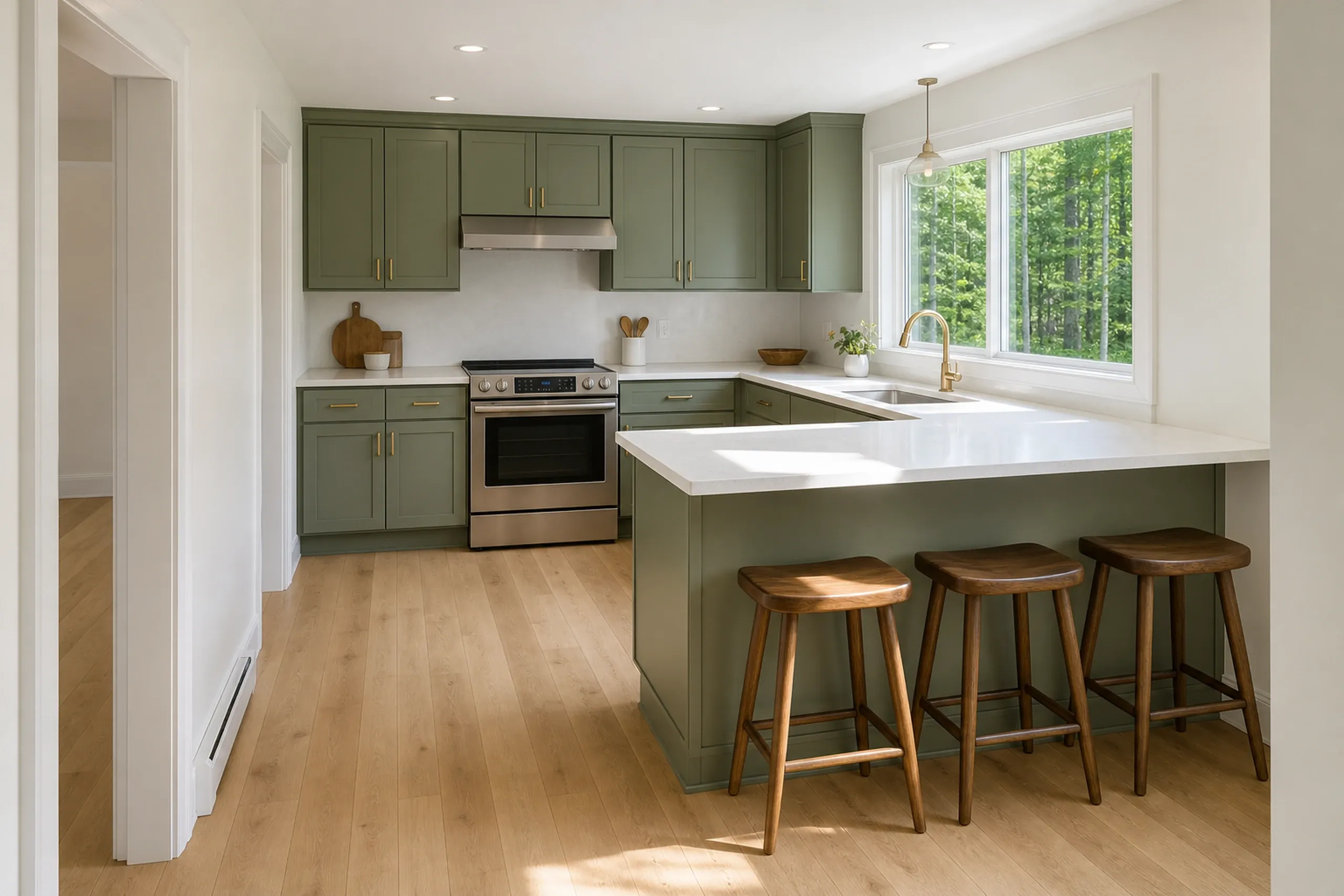 General contractor in Windham: A kitchen with sage green cabinets, a white counter peninsula, three wooden stools, a range and a wide window onto green trees