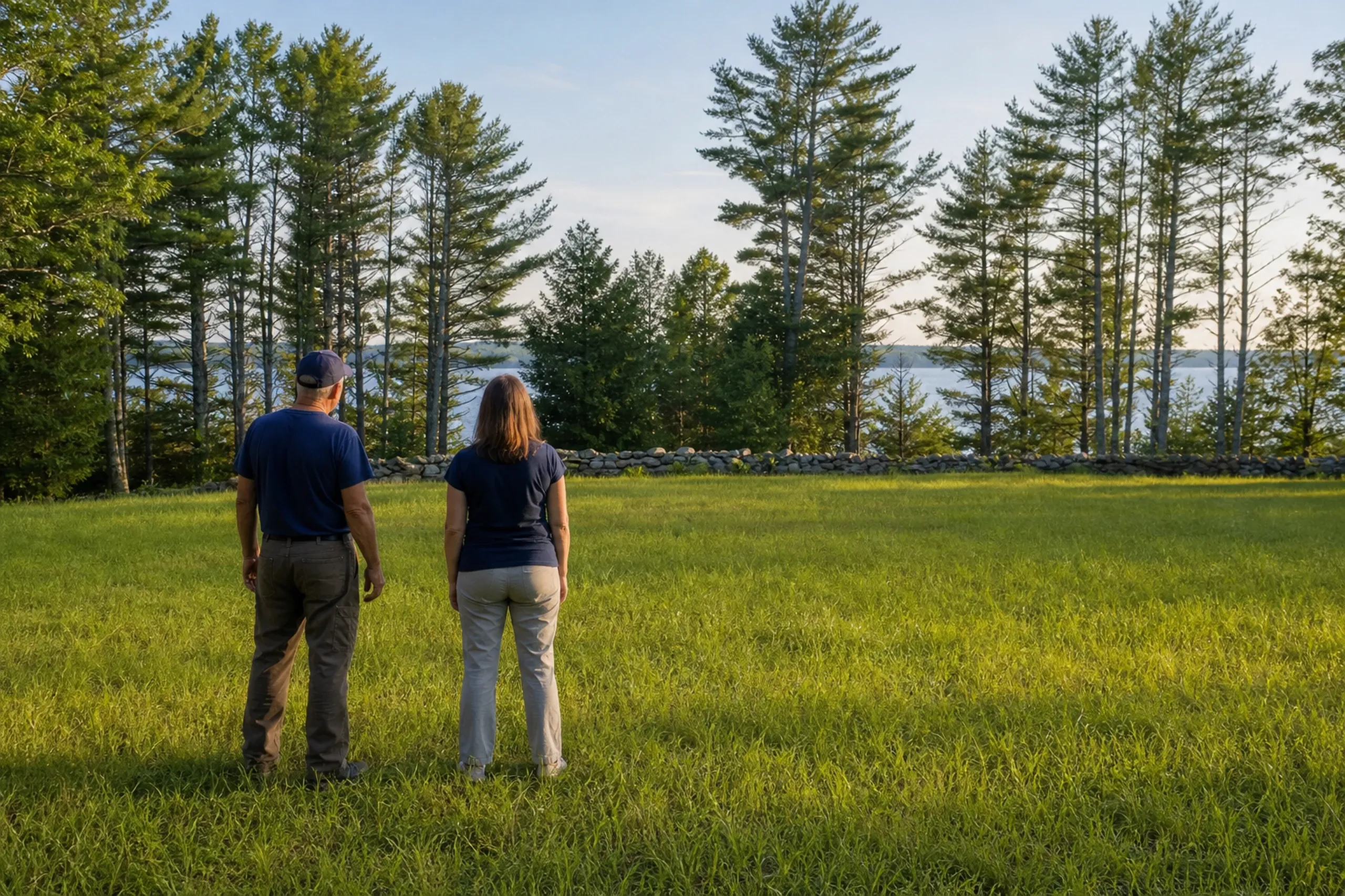 General contractor in Windham first visit: A man in a ball cap and a woman, seen from behind, stand in a grass field facing tall pines, a low stone wall and a lake
