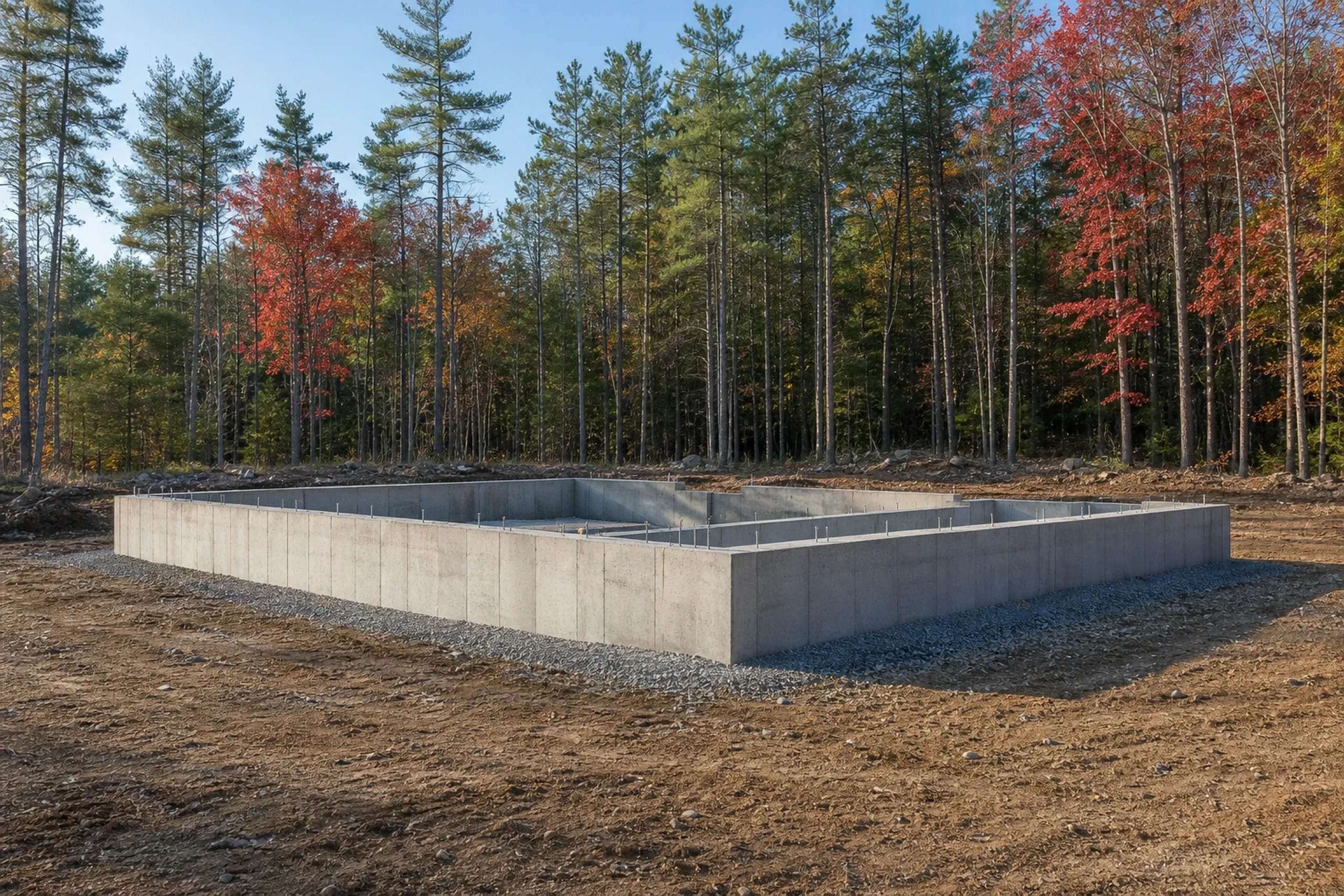 General contractor in Windham in progress: A concrete foundation wall forming a rectangle with anchor bolts along the top, bare graded dirt around it and red autumn trees behind