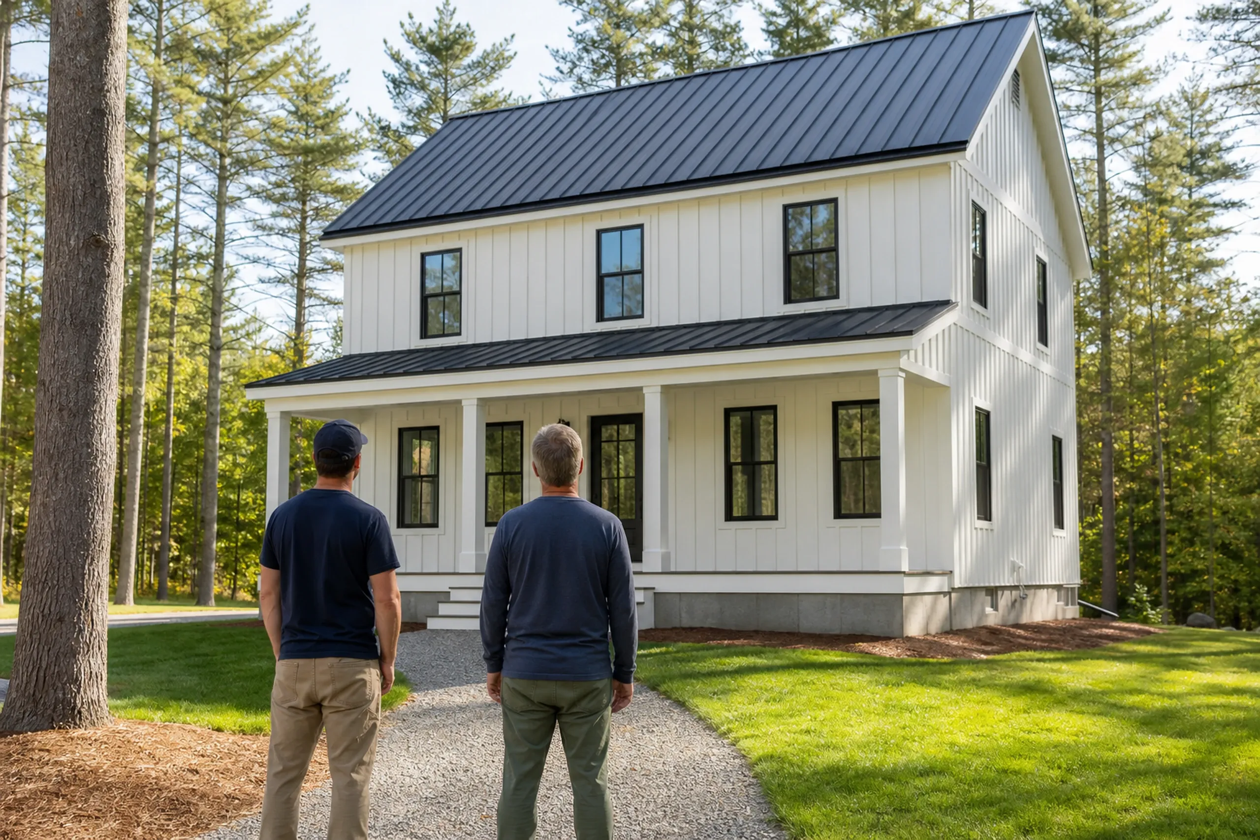General contractor in Windham final walkthrough: A white two-story house with vertical siding, a dark metal roof, a front porch and black-framed windows, two men seen from behind