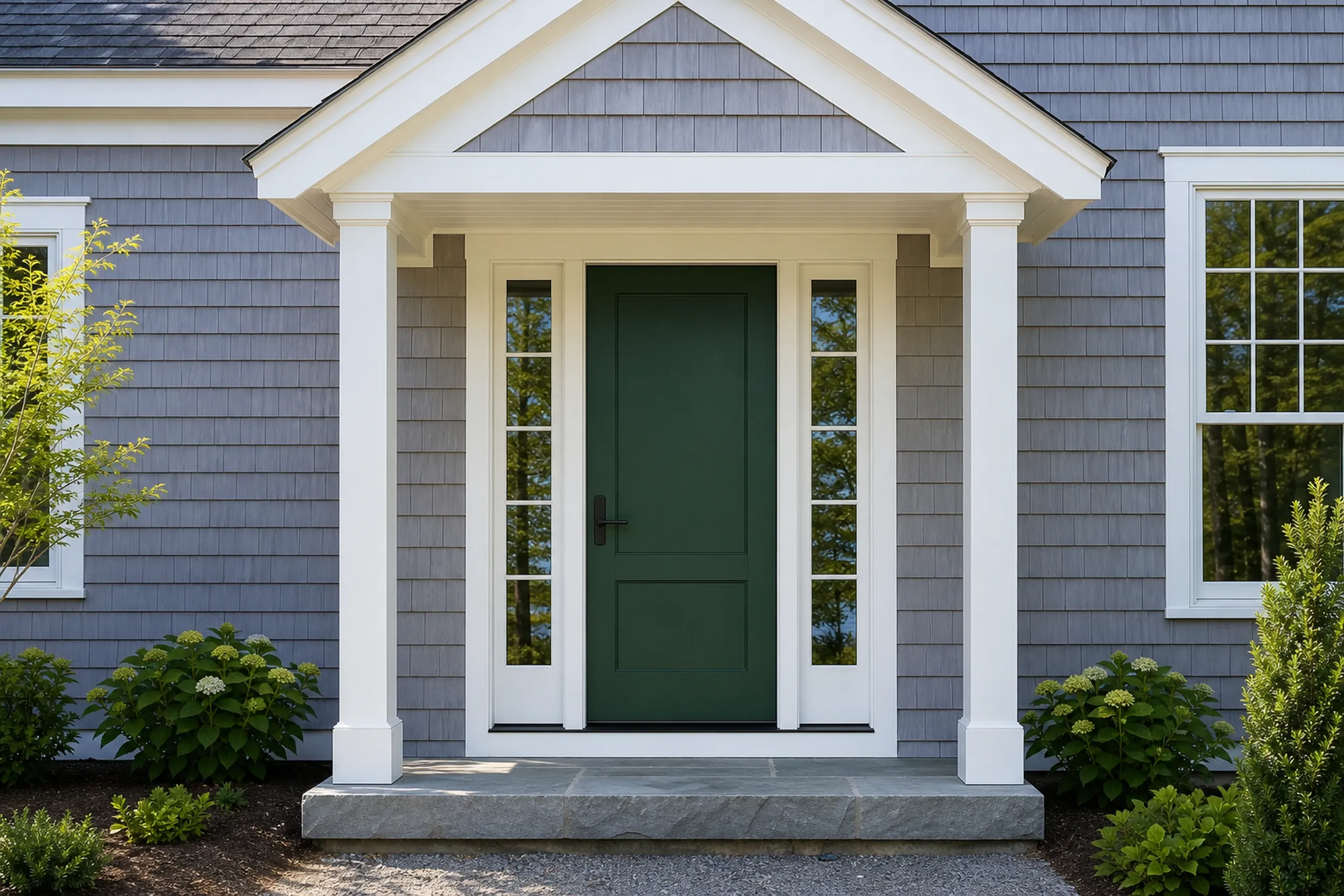 General contractor in Windham: A green front door with two glass side panels under a gabled porch roof on white columns, a gray stone step and gray shingle siding