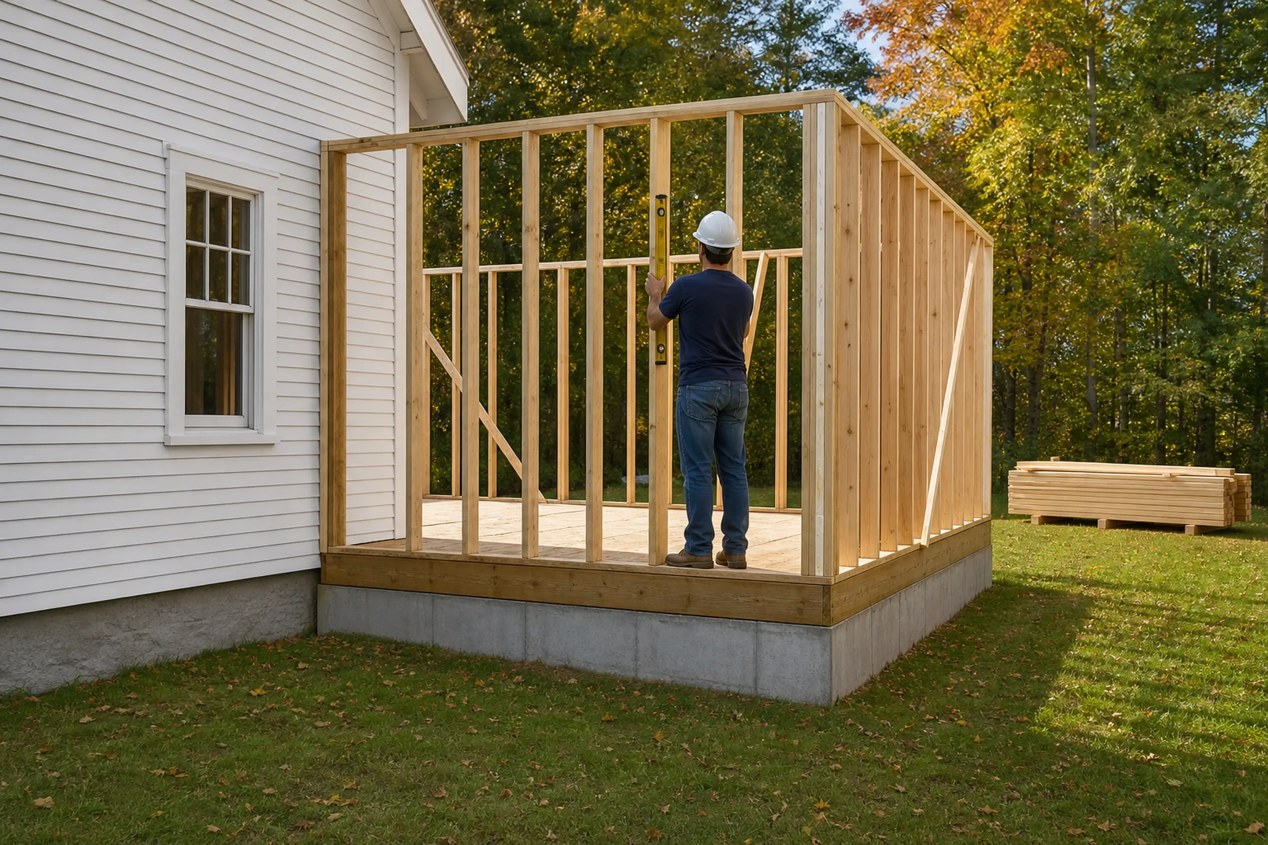 General contractor in Yarmouth: carpenter in a hard hat seen from behind checking a stud with a level inside the framed walls of an addition to a white clapboard house