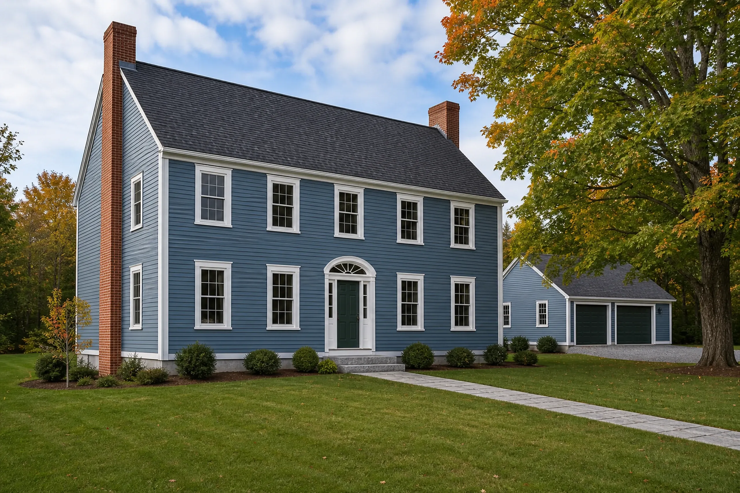 General contractor in Yarmouth: two-story blue-sided house with a brick chimney, arched green front door and detached two-bay garage, by a maple turning orange in autumn