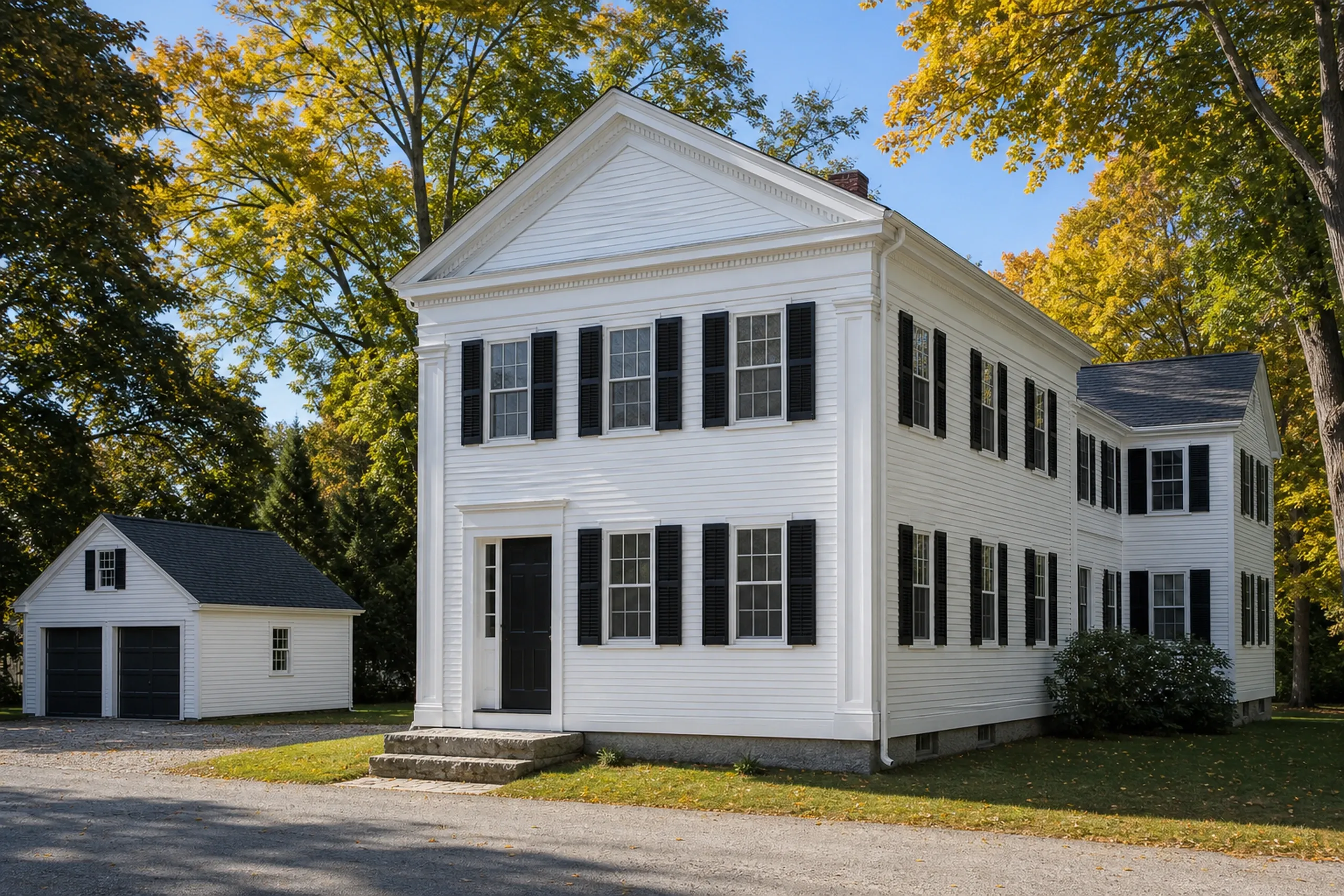 General contractor in Yarmouth: white two-story house with a pedimented front, black shutters and a two-story wing at right, a small garage at left, yellow autumn leaves