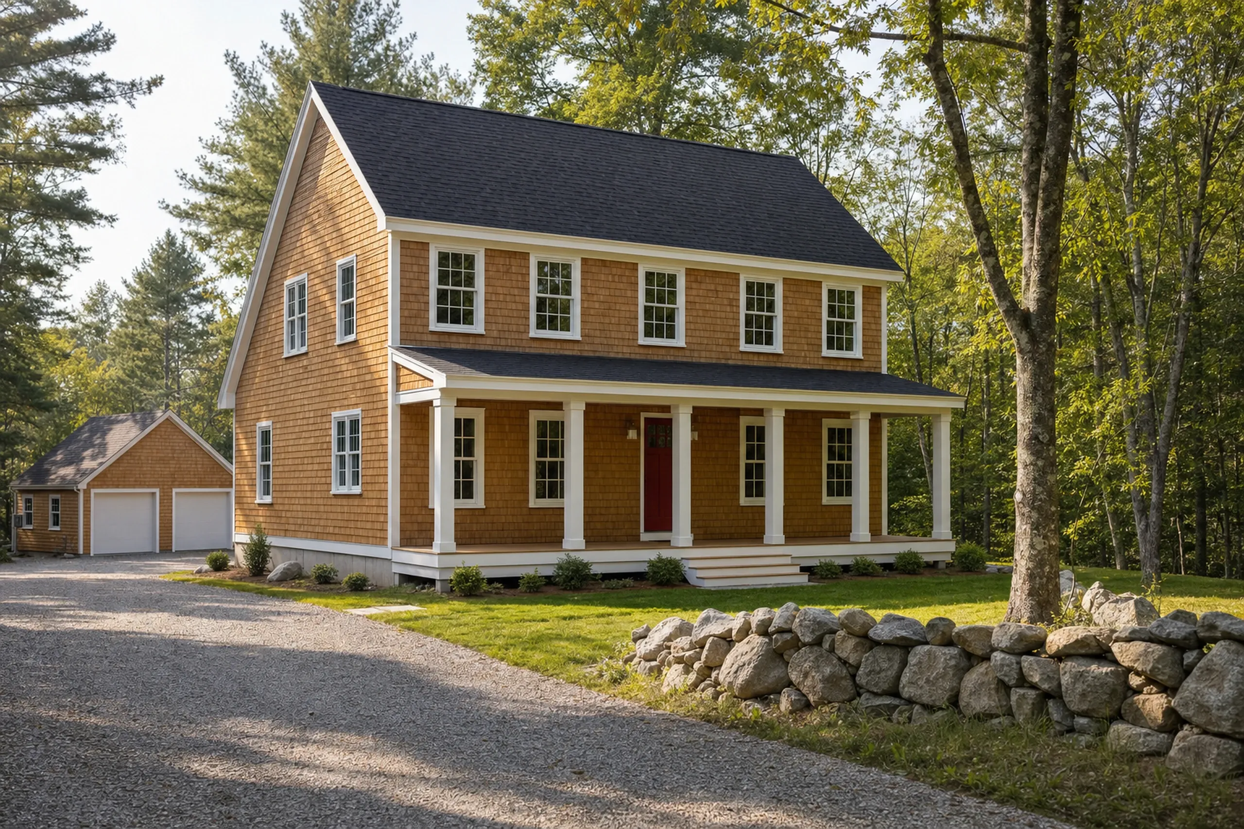 General contractor in Yarmouth, ME: two-story house with wood shingle siding, a red door under a covered porch, a two-door garage behind, and a fieldstone wall by gravel
