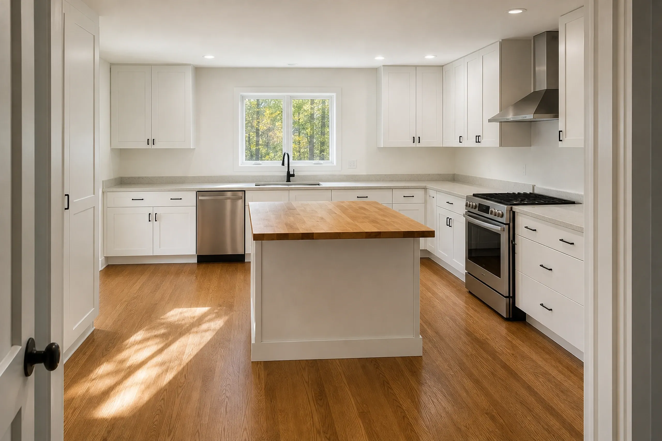 General contractor in Yarmouth: kitchen seen through a doorway, with white cabinets, a butcher block island, a stainless range and hood, and wood floors lit by a window