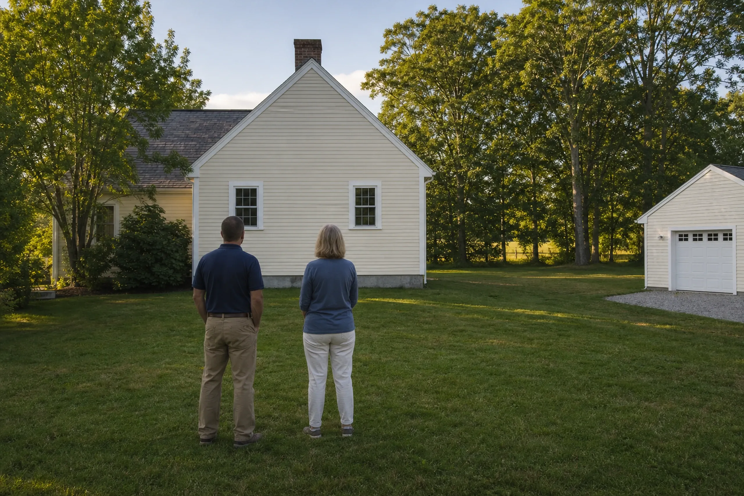 General contractor in Yarmouth first visit: A man and a woman seen from behind, standing on a lawn facing a cream-colored house with a brick chimney and a detached garage at right