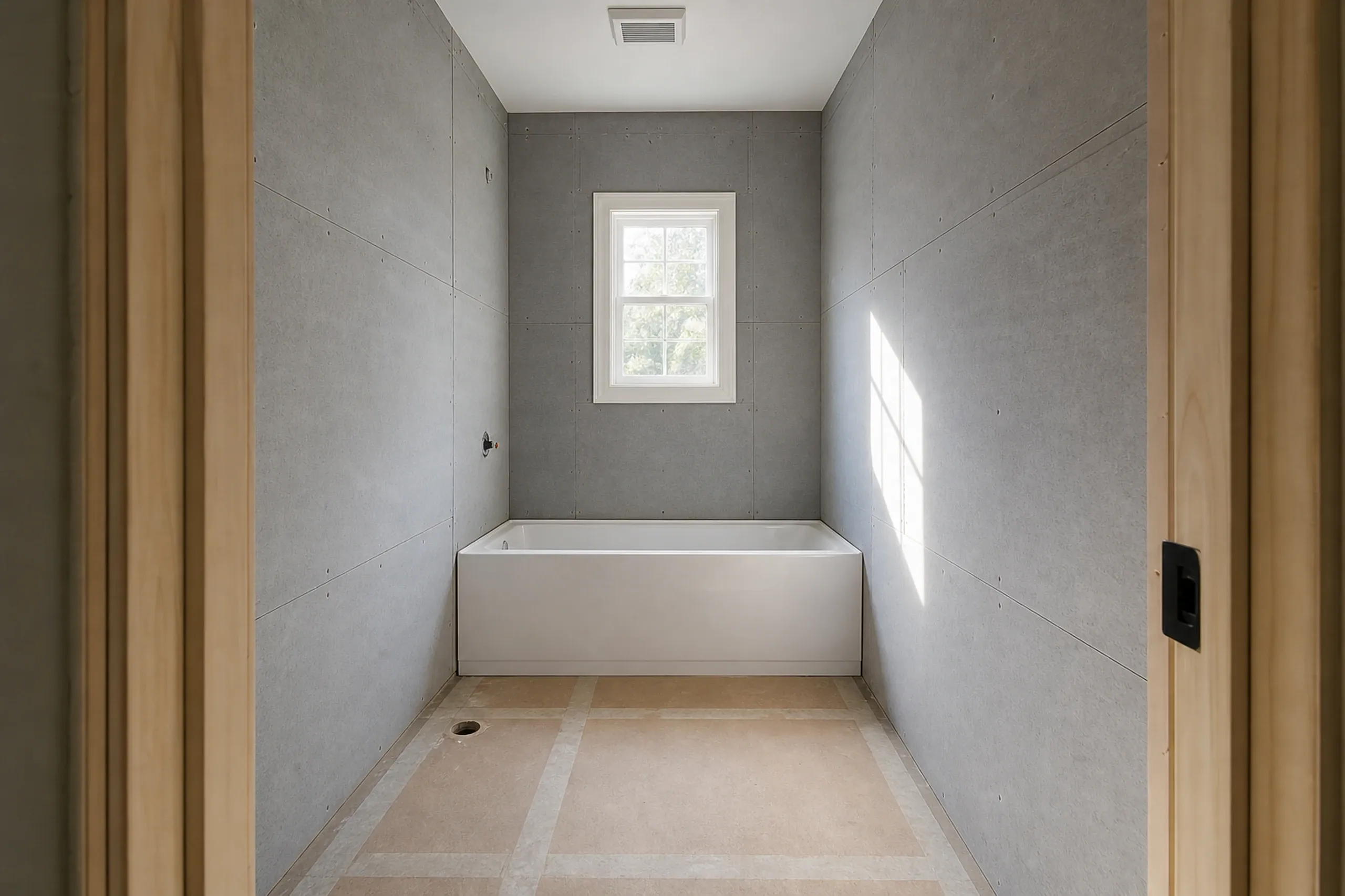 General contractor in Yarmouth in progress: unfinished bathroom with gray cement board walls, a white tub under a window, and a bare subfloor, framed by raw wood door casings