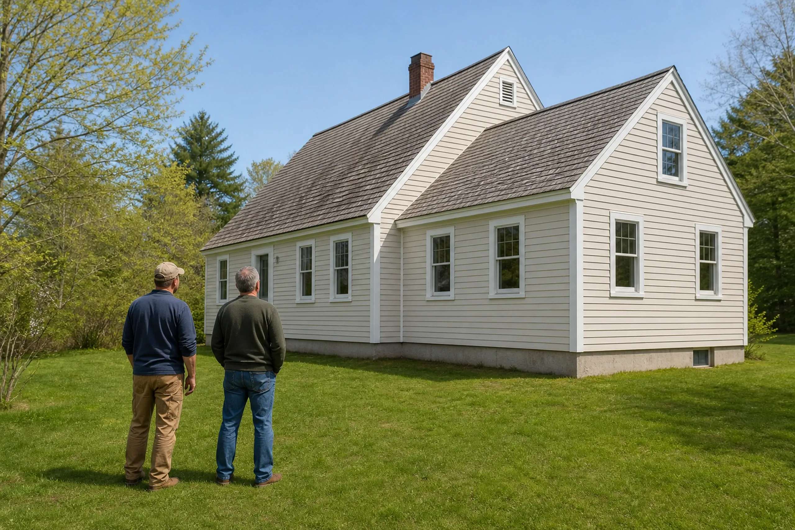 General contractor in Yarmouth: two men seen from behind, standing on a lawn facing a beige house with two gabled sections, a brick chimney and a concrete foundation