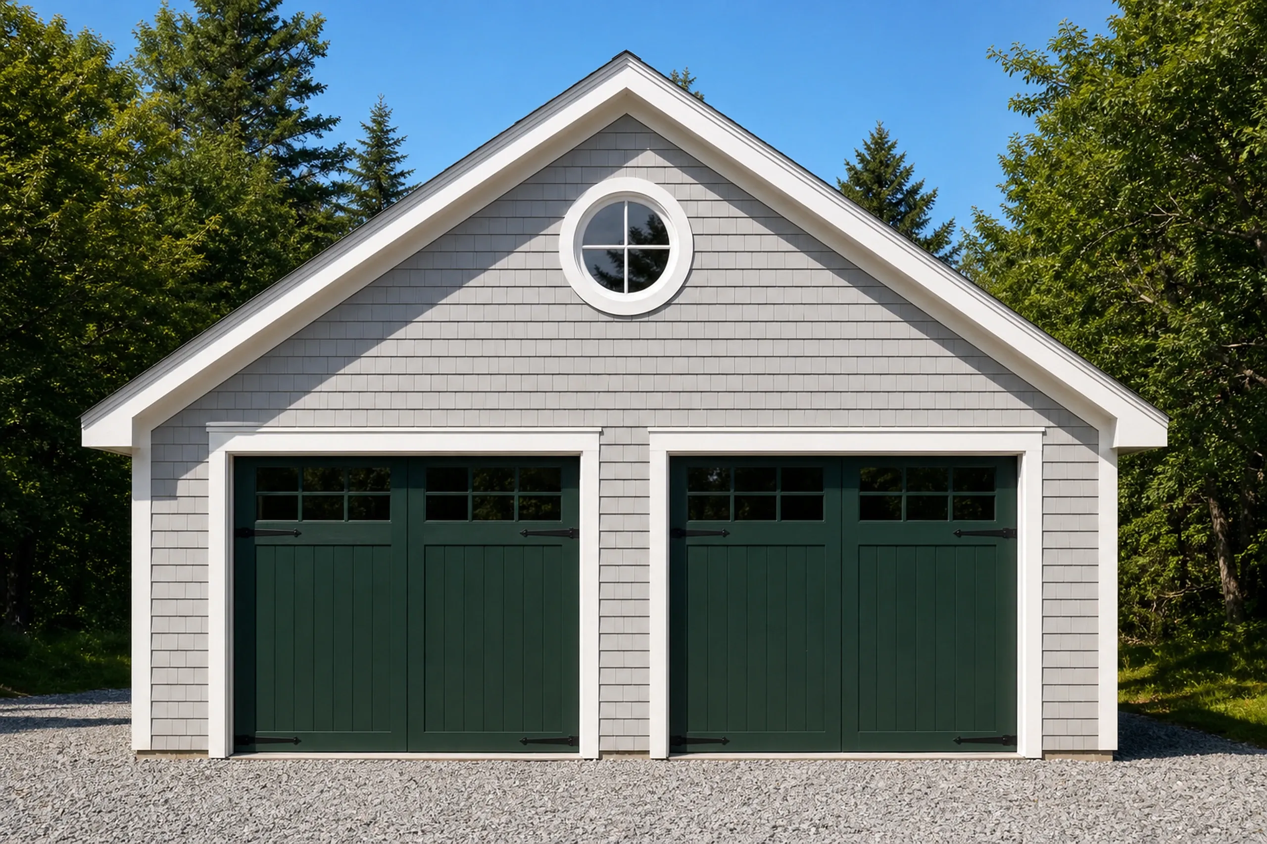 General contractor in Yarmouth: detached two-bay garage with gray shingle siding, a round gable window, white trim and dark green carriage doors, with gravel in front