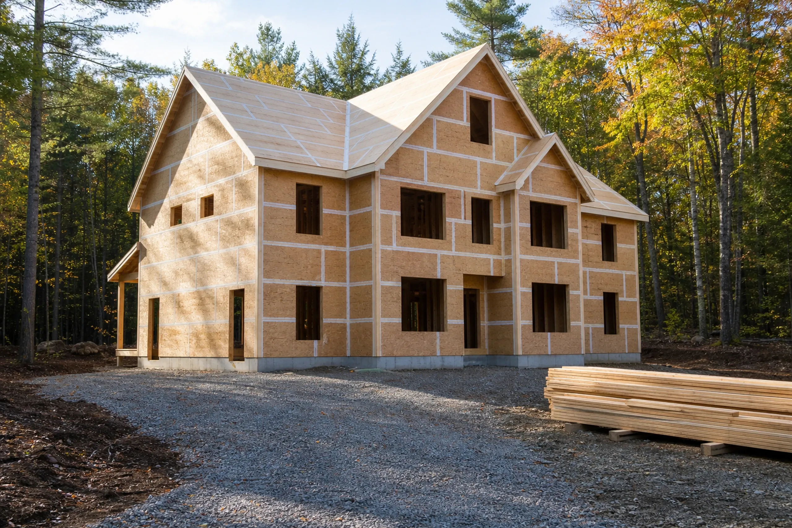General contractor in Yarmouth: new two-story house framed and sheathed, with open window openings, on a gravel drive in the woods with stacked lumber at right, in autumn