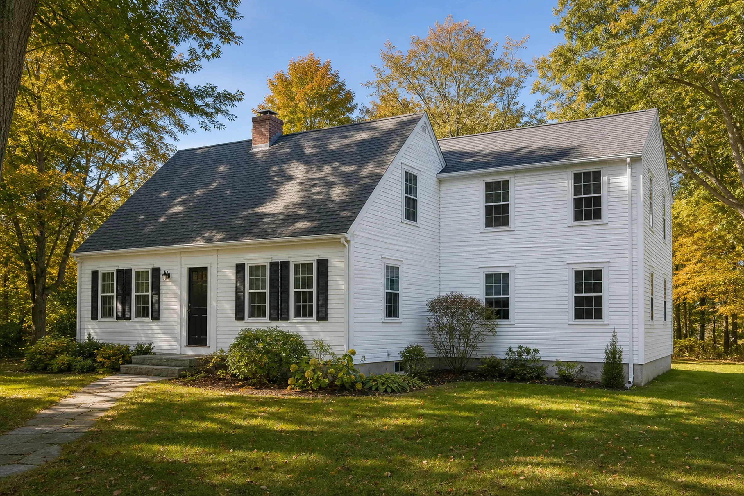 Home additions: gray-roofed white house with a front section with black shutters and a taller two-story section joined at right, trees turning yellow