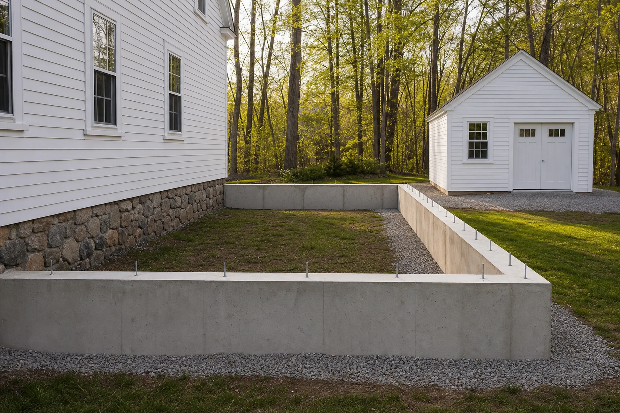 Home additions: fresh concrete frost wall with anchor bolts laid out beside a white house on an old fieldstone foundation, gravel along its edge