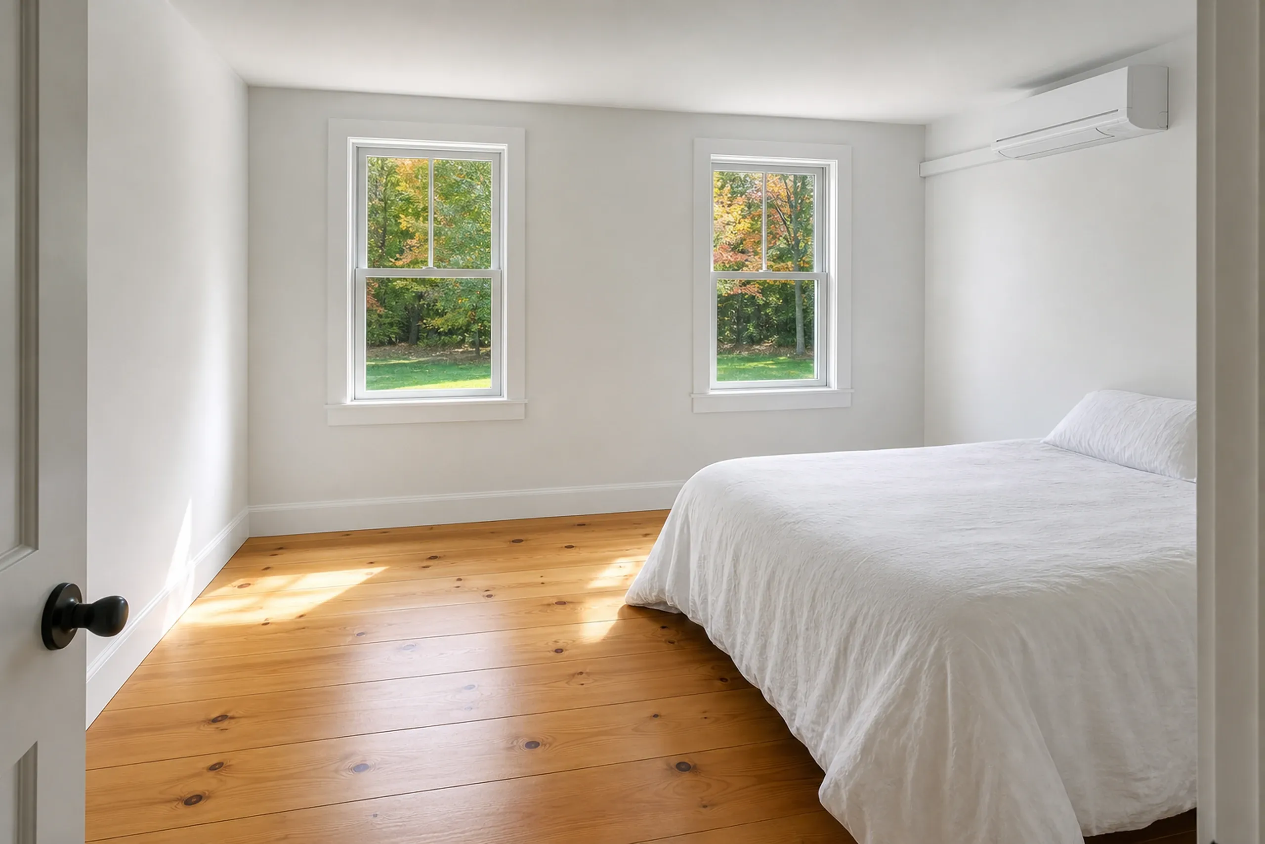 Home additions: bedroom with wide pine floorboards, a bed in white linens, two windows onto trees and a wall-mounted mini-split unit near the ceiling