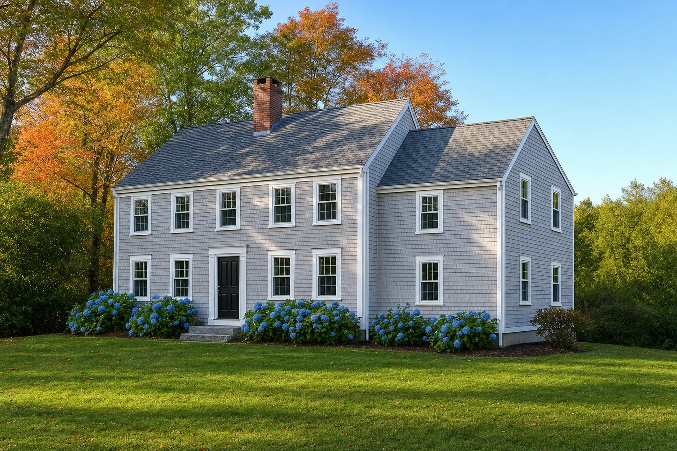 Home additions: gray shingle-sided house with a brick chimney, black front door, blue hydrangeas along the front and orange maples behind in autumn